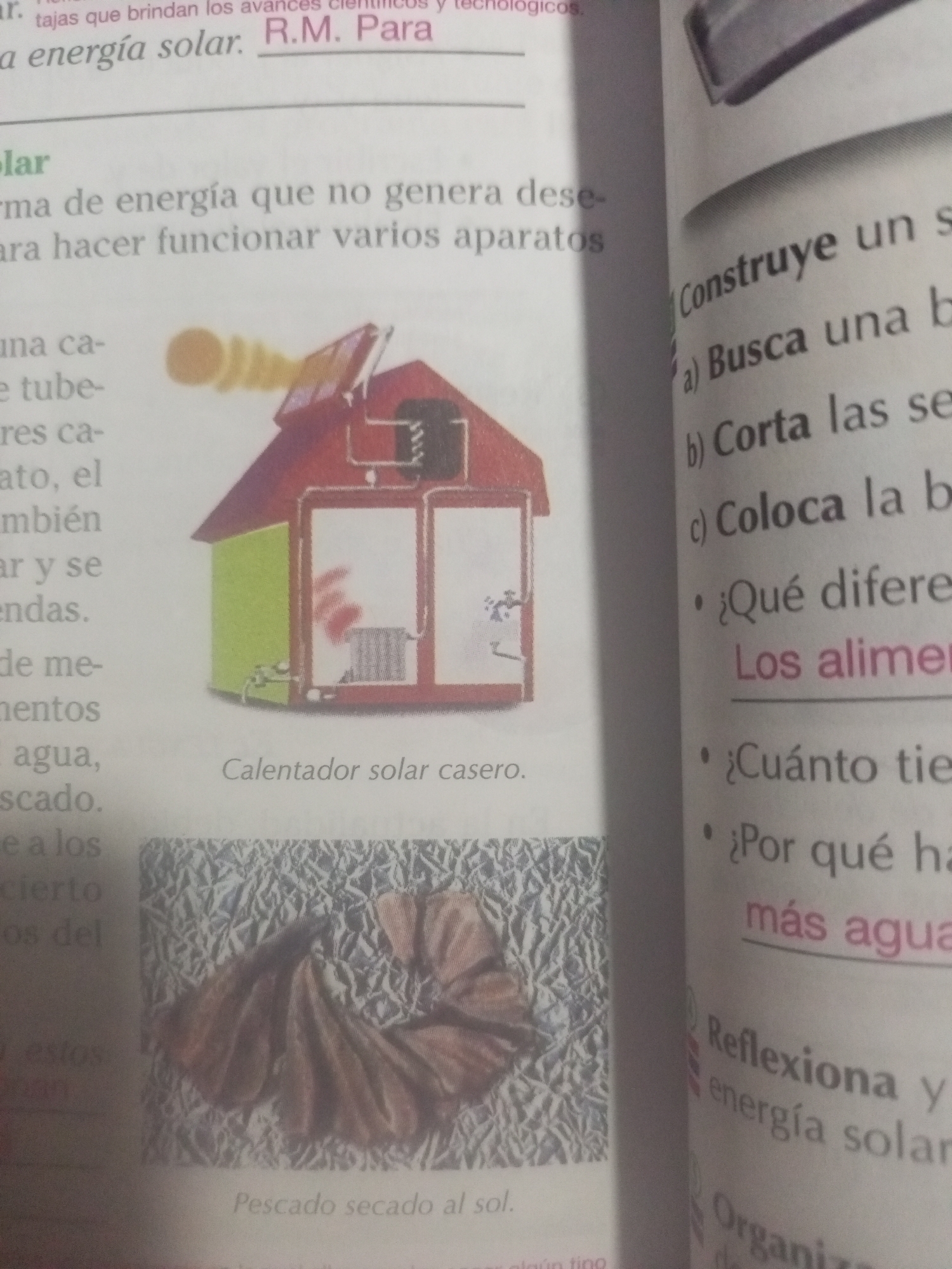 The image displays a page from a book with text and illustrations related to solar energy. On the left side, there's text describing solar energy as a form of energy that powers various appliances, followed by a caption for an illustration of a solar water heater. Below that, there's a photograph of dried fish on a textured surface with the caption "Pesado secado al sol" (Fish dried in the sun).
The right side of the page contains instructions for a project titled "Construye un s" (Build a s), followed by steps "a) Busca una b" (a) Find a b), "b) Corta las se" (b) Cut the se), and "c) Coloca la b" (c) Place the b). Further down, there are questions like "¿Qué difere" (What is the difference), "Los alimen" (The food), "¿Cuánto tie" (How much time), and "¿Por qué ha" (Why is it). The text "más agua" (more water) is also visible. Finally, there are sections titled "Reflexiona y energía solar" (Reflect and solar energy) and "Organiza" (Organize).
There is no information within the image that indicates the location in the city of La Tagua, Venezuela.