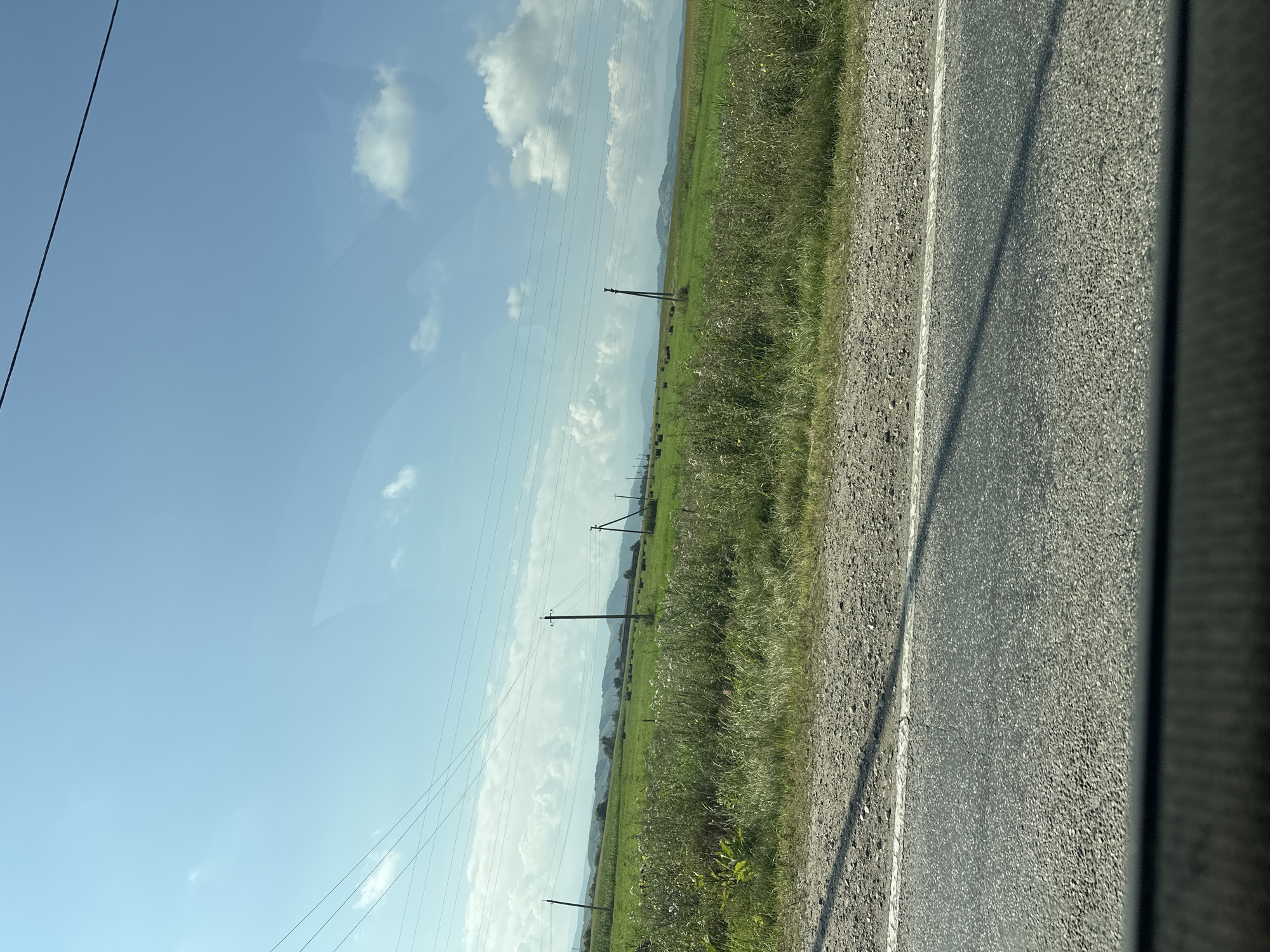 A bright, sunny day is depicted, with a clear blue sky dotted with fluffy white clouds. The scene appears to be a rural landscape, likely in the vicinity of Kardonikskaya, Russia, as suggested by the context. In the foreground, a paved road with a white line runs horizontally across the bottom of the frame, suggesting it's a road view. To the right of the road, a grassy embankment is visible. Beyond the embankment, a vast, vibrant green field stretches into the distance, appearing to be agricultural land. Several dark, cylindrical hay bales are scattered across this field, indicating recent harvesting activity. Numerous utility poles with visible wires crisscross the landscape, suggesting the presence of infrastructure in this rural area. In the background, rolling hills and mountains can be seen, their outlines softened by the distance and hazy atmosphere. The overall impression is one of a serene, pastoral environment under a clear sky. There are no people or animals visible in the image.