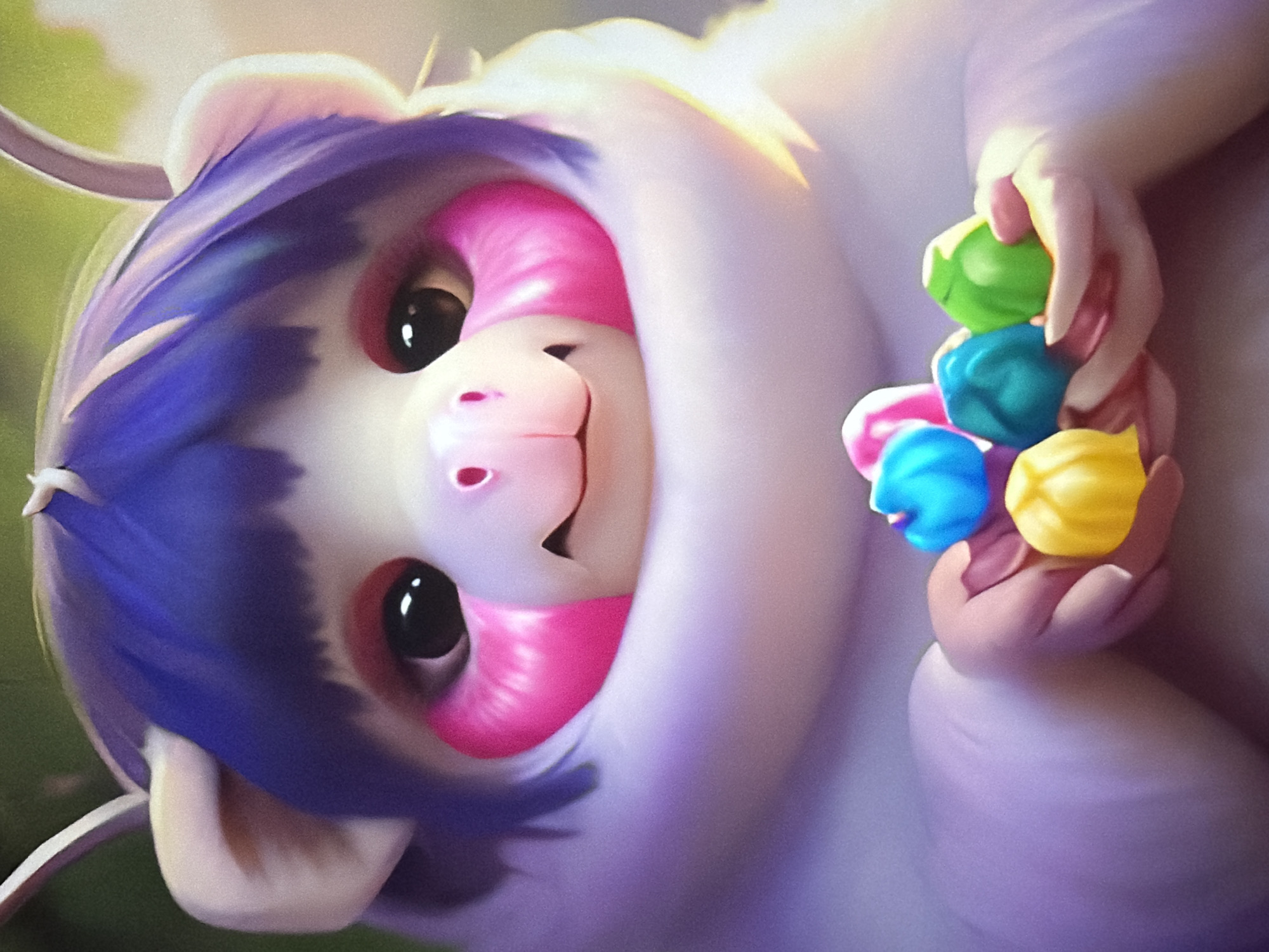 The image is a close-up digital illustration of a fantastical creature resembling a piglet with large, expressive eyes, purple hair, and prominent pink cheeks. The creature is holding a handful of brightly colored, orb-shaped objects that appear to be candy or Easter eggs. The background is softly blurred, suggesting an outdoor setting with green foliage. There is no discernible location within the city of Kyiv, Ukraine.