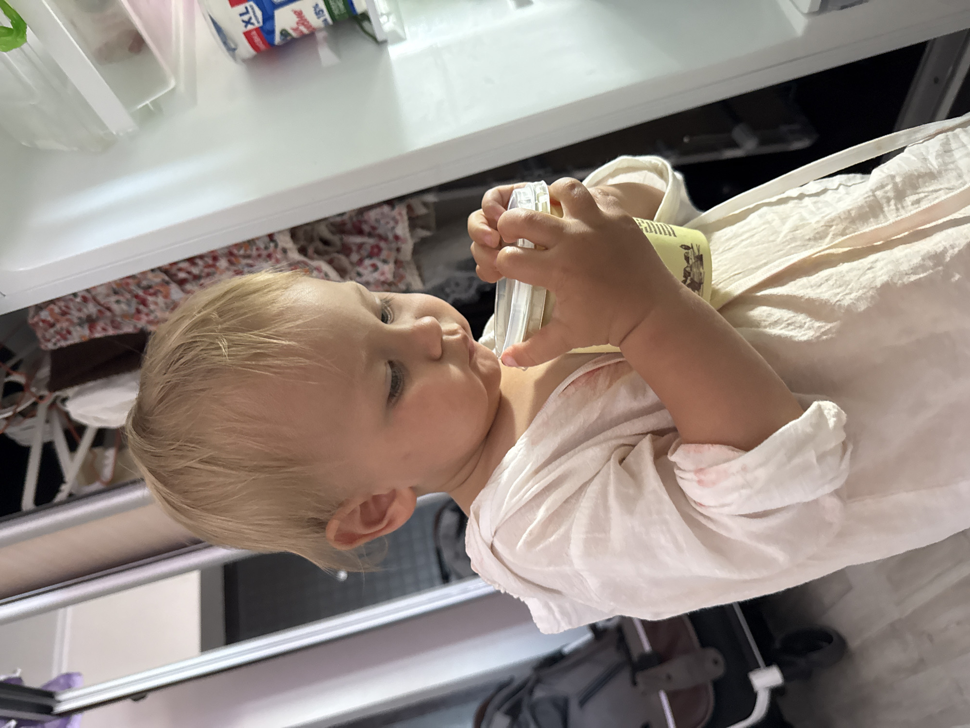 A Caucasian toddler with blonde hair, wearing a light-colored robe, stands in front of an open refrigerator. The toddler is holding a small container with both hands and appears to be drinking from it. The refrigerator contains various items, including what appears to be milk cartons and other food products. In the background, a stroller and clothing racks are visible, suggesting a domestic setting. The floor is tiled. No specific location in Sochi, Russia, can be determined from the image.