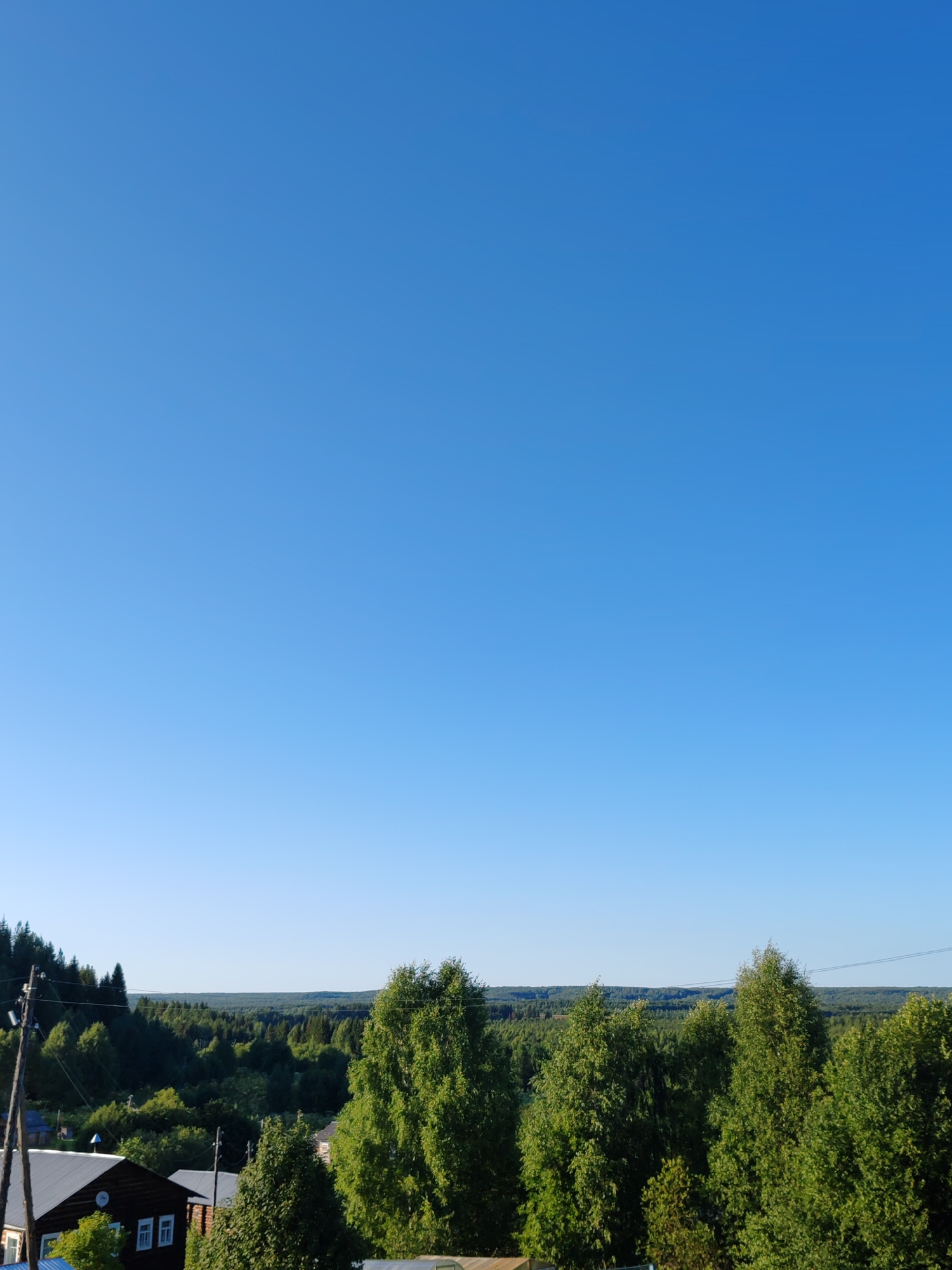 The image depicts a rural landscape under a clear blue sky. In the foreground, a dark wooden house with white-trimmed windows and a grey roof is partially visible on the left. A power pole with wires stands to the left of the house. Behind the house, a dense forest stretches across the horizon, with various shades of green indicating different types of trees and foliage. The forest extends into the distance, creating a layered effect. The setting appears to be a quiet, possibly wooded area in or near the city of Chukhlem, Russia, given the context provided. There are no people visible in the image.
