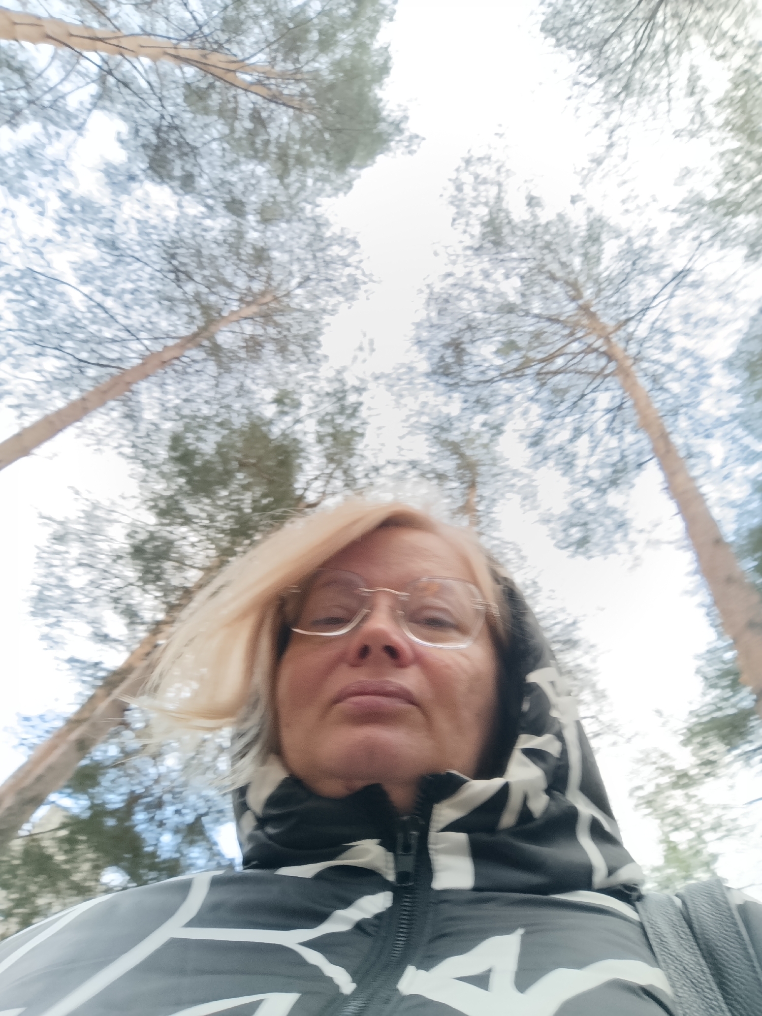 A low-angle, upward-facing selfie captures a person in a forest setting, likely in Chaikovsky, Russia. The central subject is an adult with light blonde hair, wearing glasses, and dressed in a hooded jacket with a distinct black, white, and grey geometric pattern. The person's expression is neutral, looking slightly upwards, consistent with the camera's angle.
Behind the person, the blurred background reveals tall coniferous trees, likely pines, reaching towards a bright, overcast sky. The trees' trunks are visible, tapering upwards, and their green foliage is softly diffused due to the out-of-focus effect. The overall impression is one of a cool or cold environment, suggested by the jacket and the somewhat muted lighting filtering through the tree canopy. The image appears to be taken during the daytime. No visible text is present in the image.