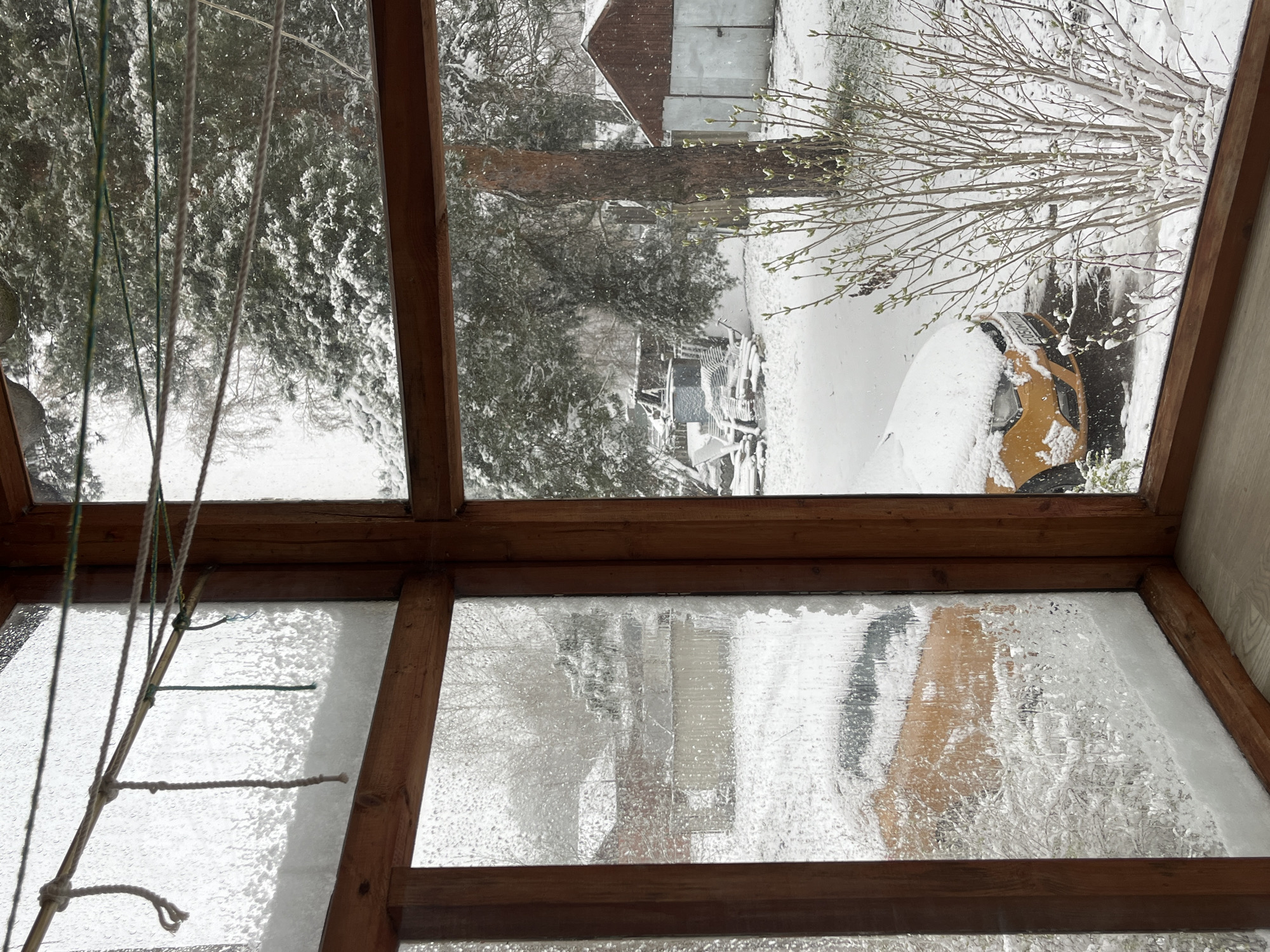 The image shows a view through a wooden-framed window on a snowy day in Раздолье, Russia. Outside, there are trees covered in snow, a building with a brown roof, and a yellow car partially covered in snow. Inside, a hanging plant support is visible in the foreground. The lower window pane is partially obscured by frost or condensation. The scene is static, with no people or actions immediately apparent.