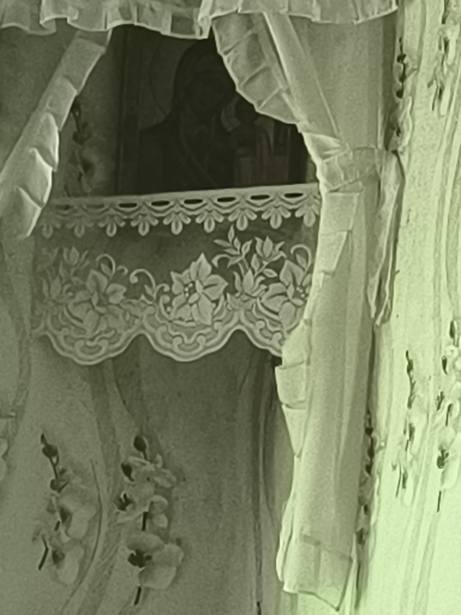 The image displays a close-up, sepia-toned view of ornate lace curtains and fabric within what appears to be an interior setting. The lace features intricate floral and foliate patterns, with ruffles along the top edges of the curtains. In the background, a darker area suggests a recess or opening, partially obscured by the fabric. The overall impression is one of delicate, possibly antique, decorative textiles. The location specified, Dobrogea Veche, Moldova, does not align with the visual content presented in the image, which shows no discernible elements of an urban environment or specific geographic markers.