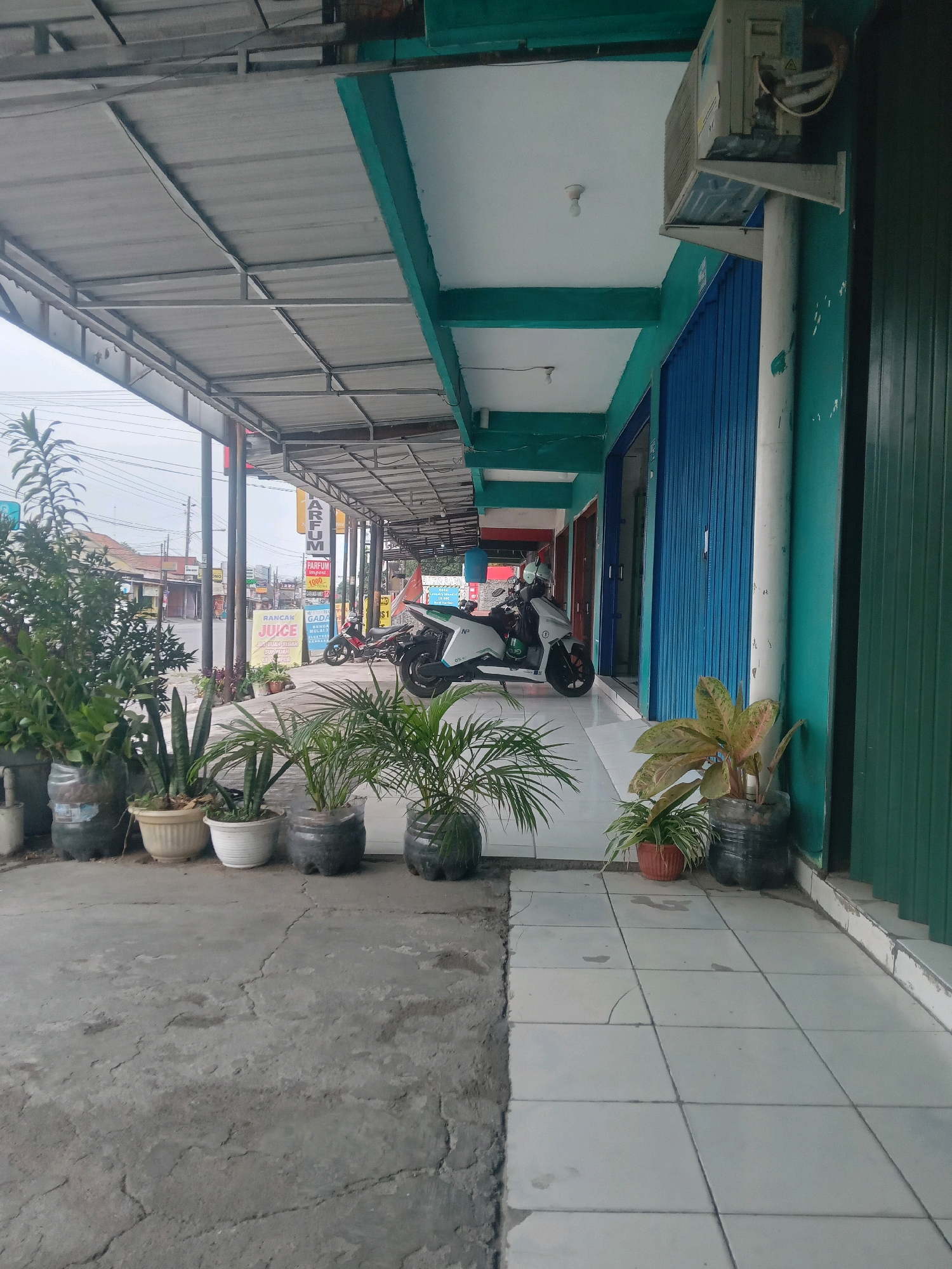 This is an outdoor, eye-level, medium shot of a sidewalk in front of a row of shops in Maguwoharjo, Indonesia. The scene is overcast. On the left, a covered walkway extends towards the background, supported by metal posts. Several potted plants, including what appear to be snake plants and palm plants, are arranged along the edge of the walkway. The plants are in various containers, including repurposed plastic bottles and ceramic pots. Further down the walkway, a white and green scooter is parked. The shops have teal-colored walls and large blue rolling doors. An air conditioning unit is mounted on the wall above the walkway on the right. Beyond the shops, a street is visible with some traffic and more buildings. Yellow signs with text, including one that reads "PARFUM," are visible hanging from the shops. The ground in the foreground is a cracked concrete sidewalk, transitioning to tiled pavement in front of the shops.