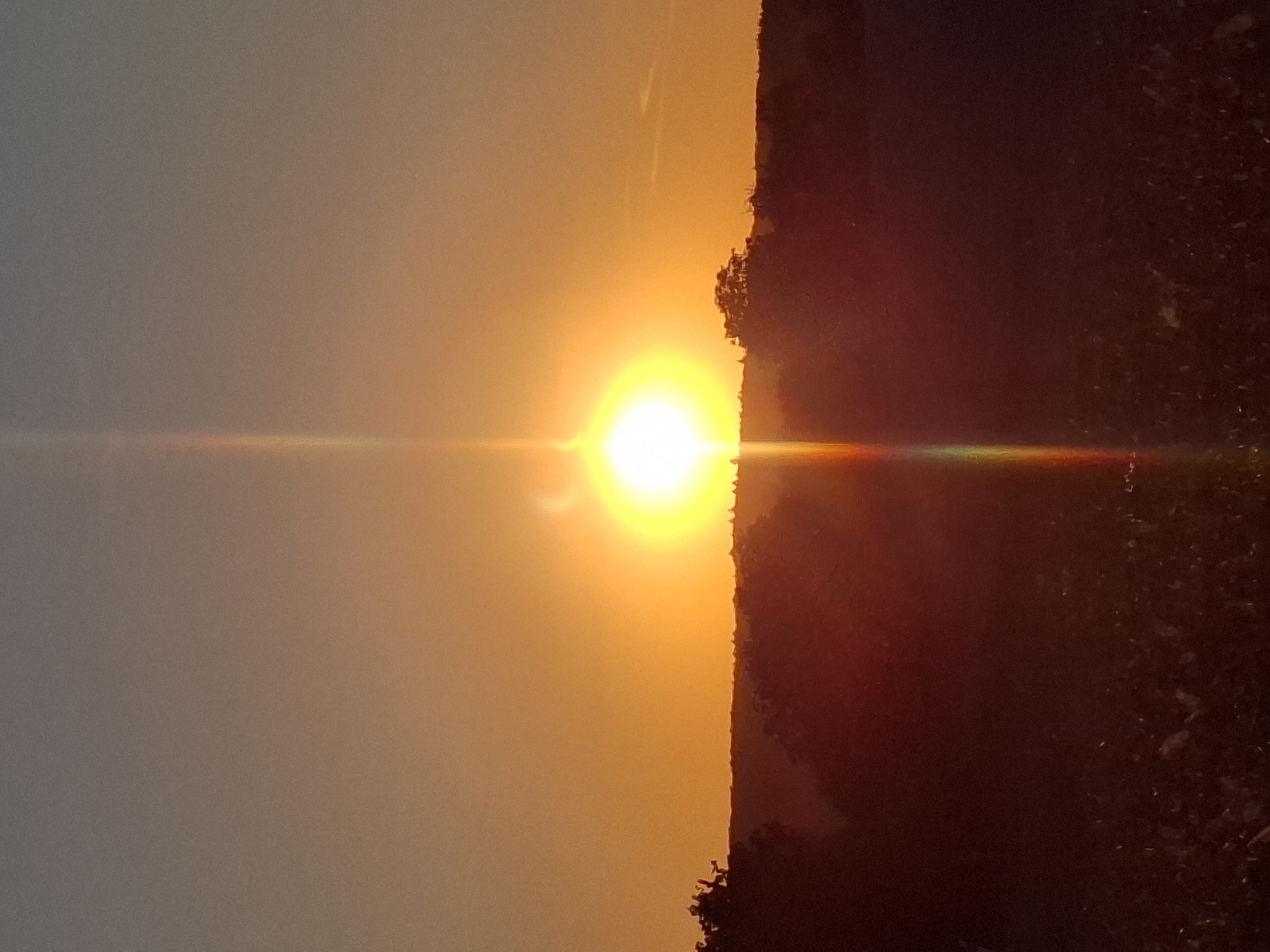 This image captures a sunset over Sinsheim, Germany. The sun is a bright, white orb positioned centrally in the frame, radiating a strong yellow glow and lens flare. A vertical band of rainbow colors stretches upwards from the sun, likely a visual artifact from the camera lens. The sky transitions from a pale yellow at the horizon to a muted gray at the top. Silhouetted against the vibrant sky are rolling hills and trees, creating a dark, undulating landscape. In the foreground, a dark, indistinct area suggests fields or a cultivated area, with scattered, light-colored elements that could be crops or debris. The overall scene is one of natural beauty, dominated by the warm tones of the setting sun and the stark contrast of the shadowed land. There are no people or animals visible.