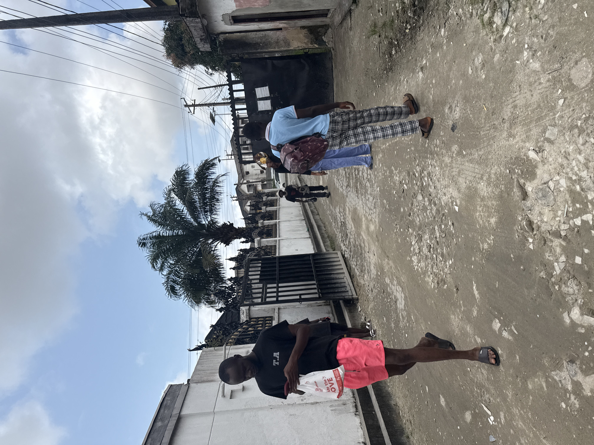 In Ado, Nigeria, on a sunlit day with scattered clouds, a group of people walk along a dirt road. The foreground features a man in a black t-shirt and bright pink shorts, holding a white shopping bag and looking at his phone. Behind him, another person is partially visible. Further down the road, a person in a light blue shirt and plaid pants walks away from the camera, carrying a maroon backpack. To the left, a white wall and ornate black gate line the property. A palm tree stands tall in the middle ground, with residential buildings and utility poles visible in the background. The road itself is unpaved and shows signs of wear, with scattered debris and tire tracks.