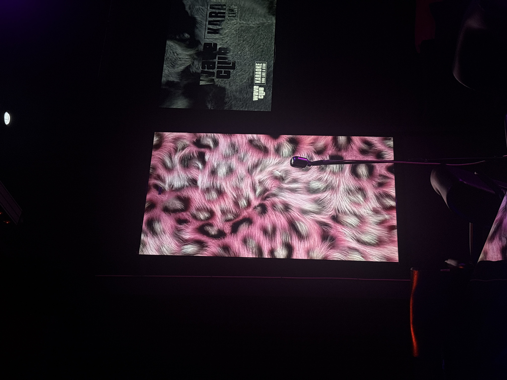 The image depicts the interior of a karaoke establishment, possibly in Baan Bang Rak, Thailand. A screen displays a pink and grey fur pattern. A microphone is positioned in front of the screen. In the upper left corner, there is a poster for "Wave Club Karaoke". A person is visible on the right edge of the frame. The environment is dark.