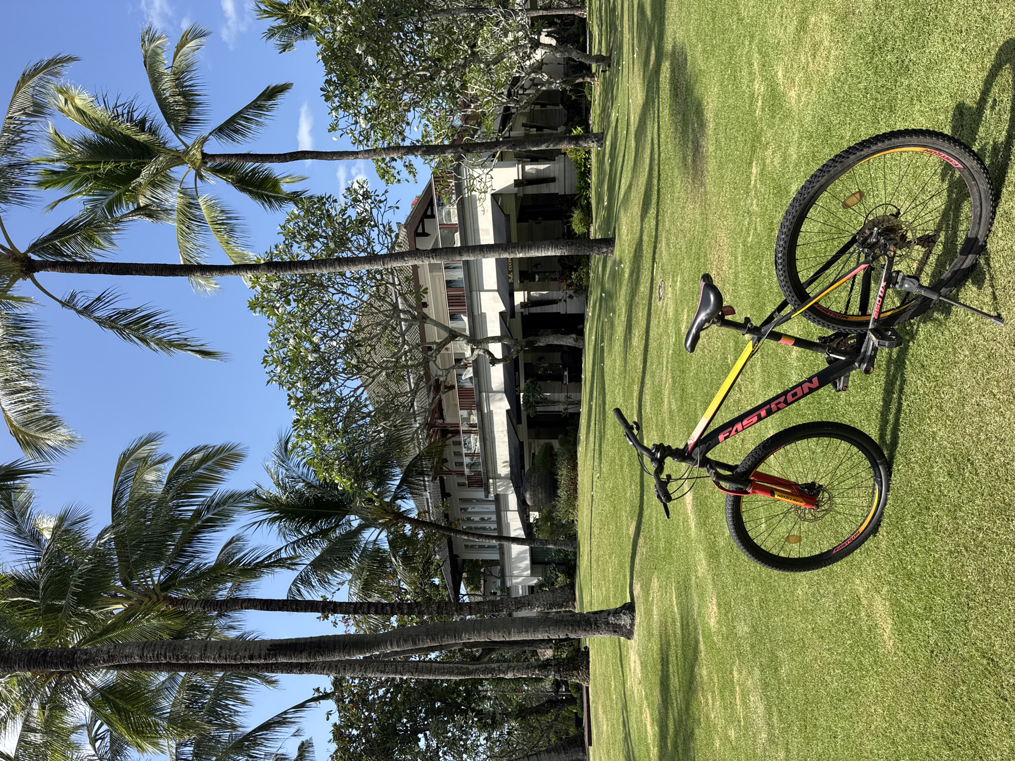 A bicycle lies on a grassy lawn in front of a building with palm trees. The bike is a black and yellow mountain bike with the word "FASTRON" printed on the frame. The building is a light-colored structure with multiple levels and balconies, partially obscured by trees. Palm trees are visible in the foreground against a clear blue sky. The location is in Kuta Selatan, Indonesia.