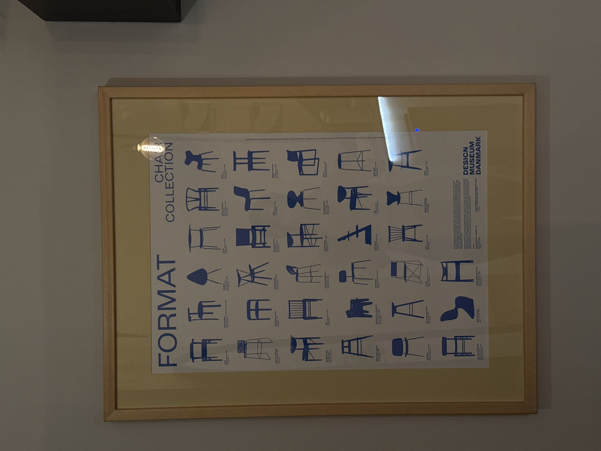 The image shows a framed poster hanging on a wall. The poster is titled "FORMAT," with "CHAIR COLLECTION" above it and "DESIGN MUSEUM DENMARK" on the right side. The poster displays a collection of chair designs in blue against a white background, arranged in rows and columns. The frame is light brown. The wall is a neutral gray. The image does not provide information to identify a specific location in Puebla, Mexico.