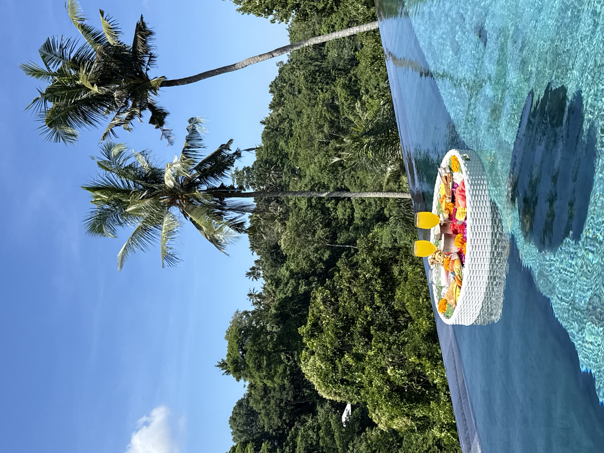 The image depicts a scene in Ubud District, Indonesia, showcasing a floating breakfast tray in an infinity pool. The tray, woven white, contains an assortment of fruits, pastries, and two glasses of orange juice. Lush tropical foliage, including towering palm trees, forms the backdrop against a clear blue sky. The infinity pool's edge creates a visual effect of merging with the surrounding landscape. The focus is on the floating breakfast, emphasizing a luxury travel experience amidst a natural environment.