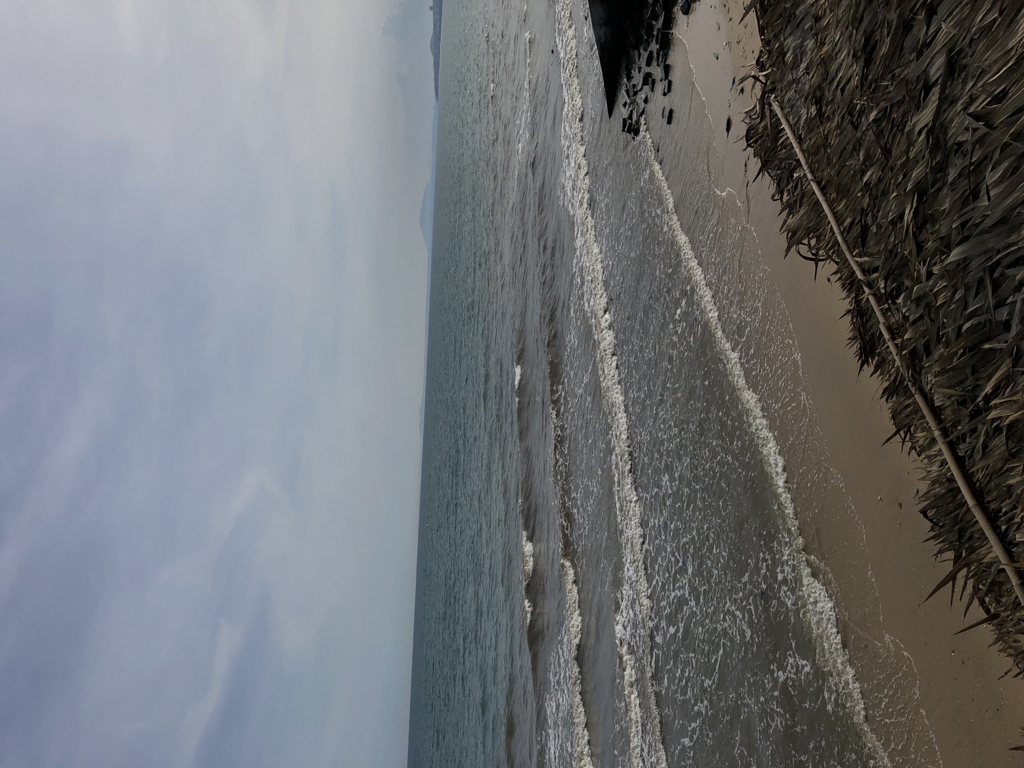 The image depicts a natural scene along the coast of Mũi Né, Vietnam. The foreground is dominated by dried palm leaves and a bamboo pole, suggesting a rustic, possibly decorative, element of the beach. Beyond this, a sandy beach meets the ocean, with gentle waves lapping at the shore. The water is a deep blue-green, and white foam marks the crests of the waves. In the distance, the horizon is visible, with a faint outline of landmasses and possibly buildings under a cloudy sky. The overall atmosphere is calm and serene, characteristic of a coastal environment.