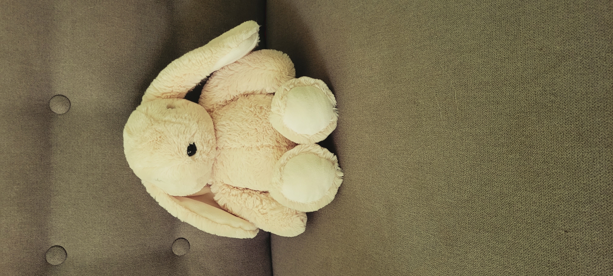 A light pink, fluffy stuffed bunny sits centrally on a grey tufted couch. The bunny is facing forward, with its long ears flopped to the sides and its body in a seated position. Its eyes are black beads, and it has a small stitched nose. The couch has two visible buttons in the background, suggesting a tufted design. The lower portion of the image shows the textured fabric of the couch extending downwards. The lighting appears to be soft, casting minimal shadows. The overall scene is still and devoid of any human presence or action.