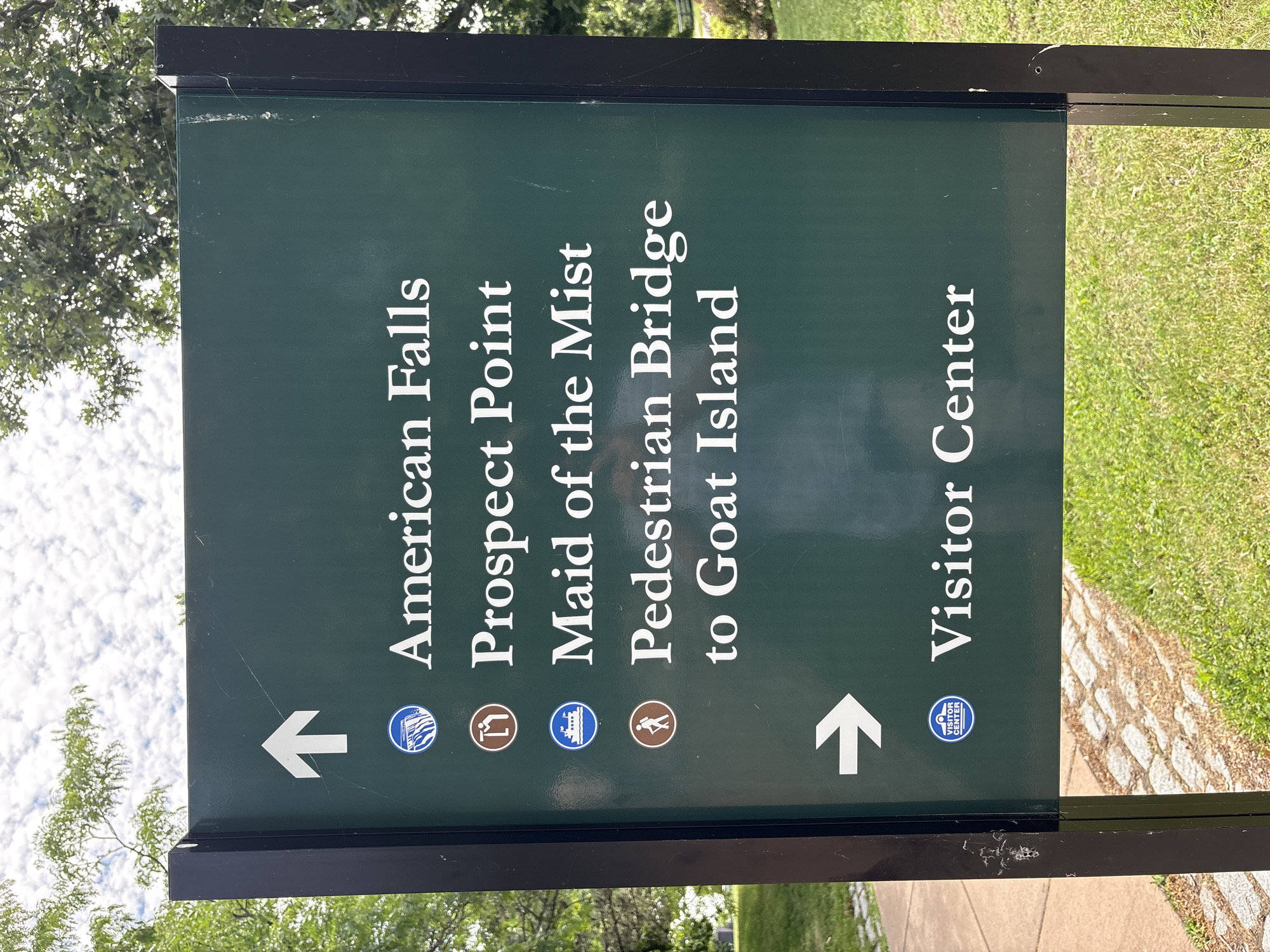 A dark green sign with white text and icons is displayed outdoors in the City of Niagara Falls, USA. The sign is mounted on two black metal posts and stands among grass and a paved walkway. The sign has several directional indicators. At the top, a white upward arrow points to "American Falls." Below that, an icon of a waterfall with blue waves points to "Prospect Point." Next, a blue icon of a boat with people on deck indicates "Maid of the Mist." Following that, a brown icon of a person walking points to "Pedestrian Bridge to Goat Island." Finally, a white arrow pointing to the right is beside a circular blue and white icon that reads "Visitor Center." The sky above is partly cloudy, with green trees visible in the background.