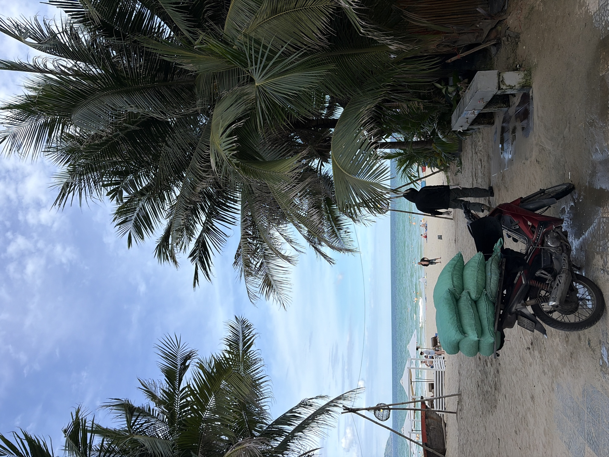 This is an outdoor, eye-level, full-shot image taken on a sandy beach in Da Nang, Vietnam. The foreground is dominated by a red motorcycle parked on the sand, its rear rack loaded with several large, green burlap sacks. To the left and right, the lush fronds of palm trees frame the scene. A person wearing a black hooded jacket and dark pants walks away from the motorcycle towards the right side of the frame, their back to the camera. Behind them, the sandy beach continues, with several beach umbrellas and lounge chairs visible. Further in the background, the turquoise ocean stretches to the horizon under a partly cloudy blue sky. The overall atmosphere is that of a typical beach day in a tropical location, with elements suggesting local commerce or transport.