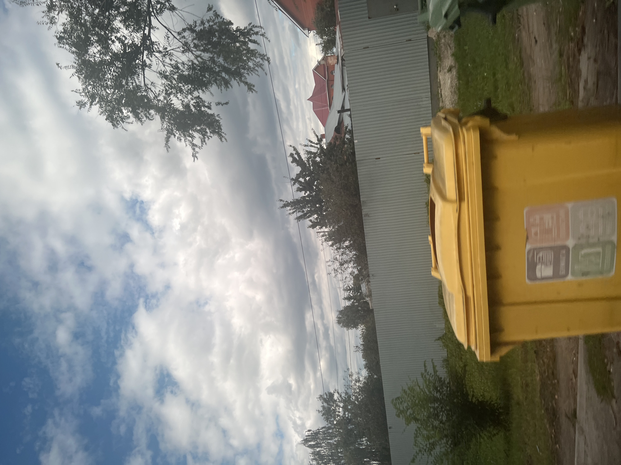 The image depicts an outdoor scene with a bright yellow trash bin in the foreground. The bin has a lid and a handle, and appears to be made of plastic. It has a few stickers on its side, though the details are not clear. To the right of the yellow bin, a portion of a green trash bin is visible. Behind the bins, a tall, grey, corrugated metal fence runs horizontally across the frame. Beyond the fence, there is a patch of green grass and some trees with dark foliage. Further in the background, several buildings with red roofs are visible, some of which appear to be houses. The sky is partly cloudy with a mix of blue sky and grey clouds, suggesting an overcast day. The overall scene appears to be in a suburban or semi-rural area, possibly a residential neighborhood or a common area where waste disposal is located. The image quality is somewhat blurry, particularly in the background. There are no people visible in the frame. The presence of multiple trash bins suggests a designated waste collection area. The type of fence and the architectural style of the houses could be indicative of a location in Russia, but without further context, it's impossible to pinpoint the exact location within the city of Ulyanovsk, Russia.