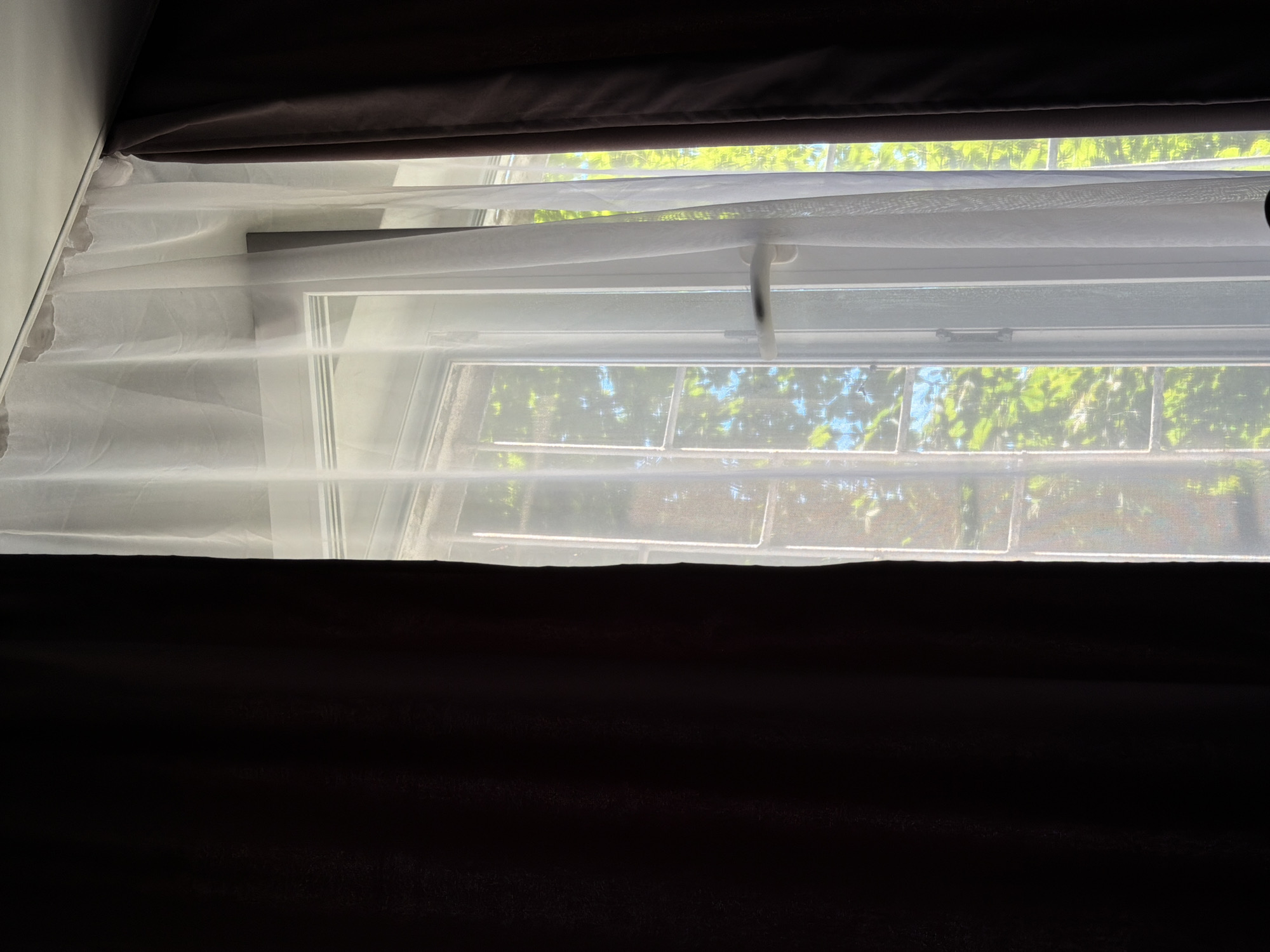 A close-up, vertical shot looks through a window with a sheer white curtain partially obscuring the view. Dark brown curtains frame the left and right sides of the window. The window itself appears to be a multi-paned casement window, with a white handle visible. Outside the window, sunlight filters through lush green leaves, suggesting a daytime scene. The overall impression is one of a residential interior looking out onto a leafy environment.