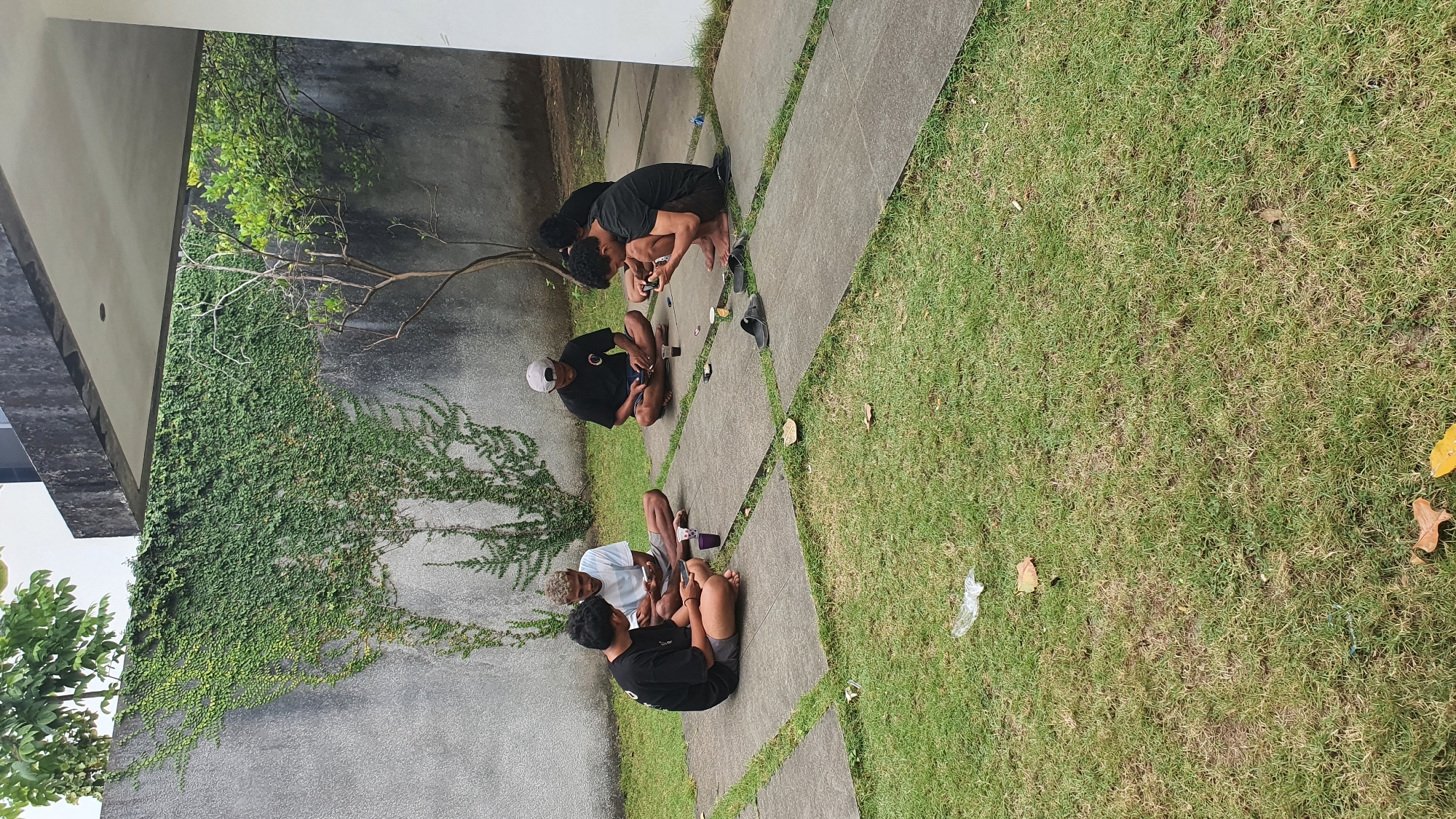 Four young men are sitting on stepping stones on a grassy lawn in an outdoor area adjacent to a building with a gray, vine-covered wall. They are all focused on their mobile phones, with two of them holding controllers attached to their devices. Two cups and some discarded items are visible on the stepping stones. The environment suggests a casual gathering in a residential or communal outdoor space, possibly a backyard or patio area.