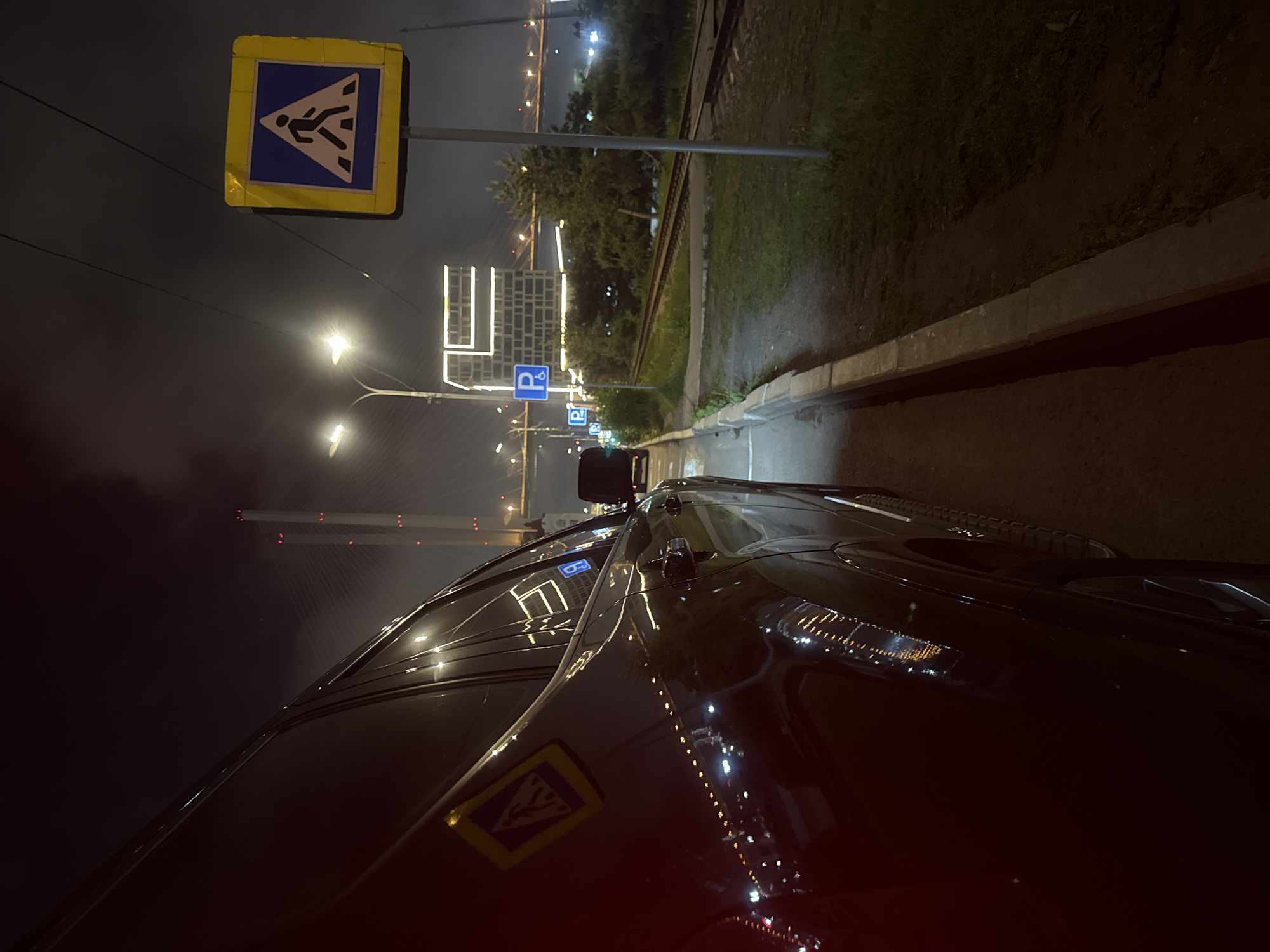 At night in Vladivostok, Russia, a black car is parked on the side of a road. The car is angled towards the viewer, with its left side prominently featured. In the background, a pedestrian crossing sign with a yellow border and blue interior displaying a white pedestrian symbol is visible on a pole. Further in the distance, streetlights illuminate a modern building with a grid-like facade lit by horizontal lines of light, and a bridge with illuminated pylons and cables stretches across the water. Railway tracks run parallel to the road, separated by a strip of grass. The sky is dark and hazy, with some of the bridge lights reflecting on the car's surface.