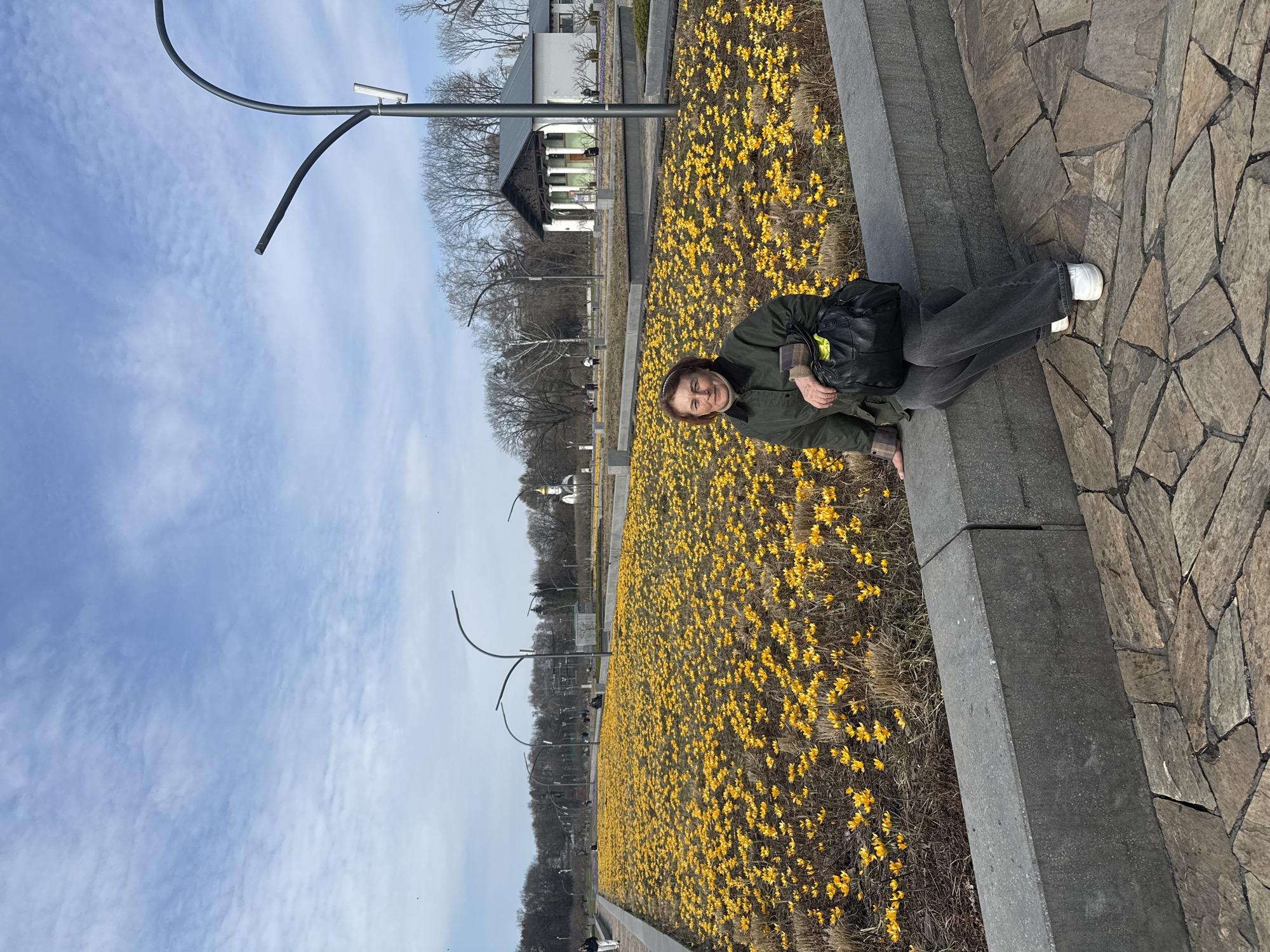 An eye-level, angled, long shot captures a person resting in a field of yellow flowers in Moscow, Russia.
The person is reclining on a grey concrete border, legs extended on the stone-paved sidewalk. They wear dark jeans, white sneakers, and a green jacket over a plaid shirt. A black bag is positioned beside them. The field stretches out behind, covered in densely packed yellow flowers.
In the background, a building with white columns is visible. Modern streetlights with curved arms punctuate the scene. Bare trees line the street, contrasting with a pale blue sky with streaky clouds.