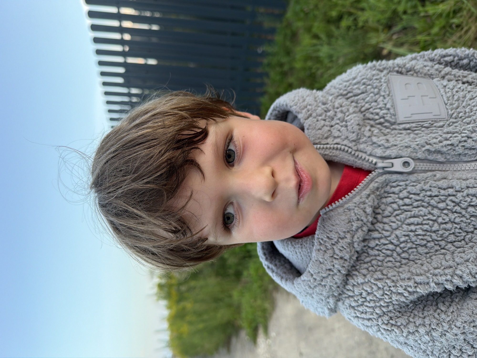 A boy, likely between 3 and 5 years old, with light brown hair and blue-green eyes, is pictured from the chest up, facing to the right and looking slightly away from the camera. He is wearing a red shirt underneath a fuzzy gray hooded jacket with a zipper. The boy's left cheek is slightly flushed.
The background suggests an outdoor setting near the edge of a rural settlement. To the left, a dirt path runs alongside a field of tall green and yellow vegetation. Behind the boy and to the right, a dark gray, vertically slatted fence stretches across the frame, with green grass growing on the other side. The sky above is a pale blue with a slight gradient, indicative of twilight or early morning. The scene appears to be located in or around the village of Stepan'kovo, Russia, based on contextual information.