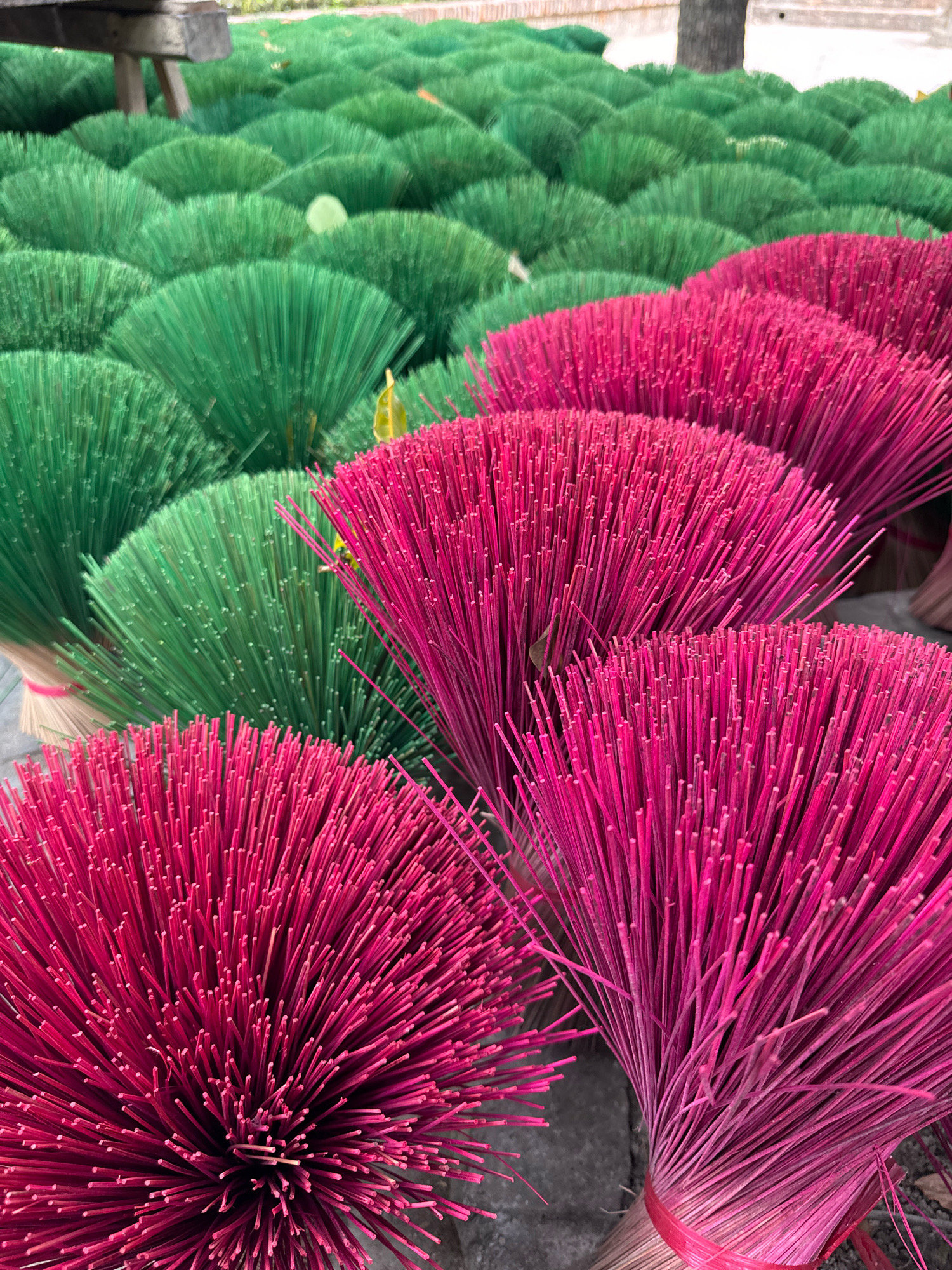 The image shows a large number of incense sticks arranged in fan-like bundles. There are two prominent colors: bright green and vibrant pink. The green bundles are in the background, stretching back in rows, while the pink bundles are in the foreground, closer to the viewer. The incense sticks appear to be made of thin reeds or bamboo, dyed in their respective colors. Some of the bundles are tied with red string. The ground beneath the incense appears to be rough, possibly concrete or stone. The scene suggests an outdoor setting, possibly a market or a workshop for incense production. Given the common practice of incense making in Vietnam, this scene could be located in a craft village or a market area in Nha Trang, Vietnam. No people are visible in the image. The lighting suggests it is daytime, with natural light illuminating the scene. The focus is sharp on the foreground pink bundles, with the background green bundles slightly blurred.