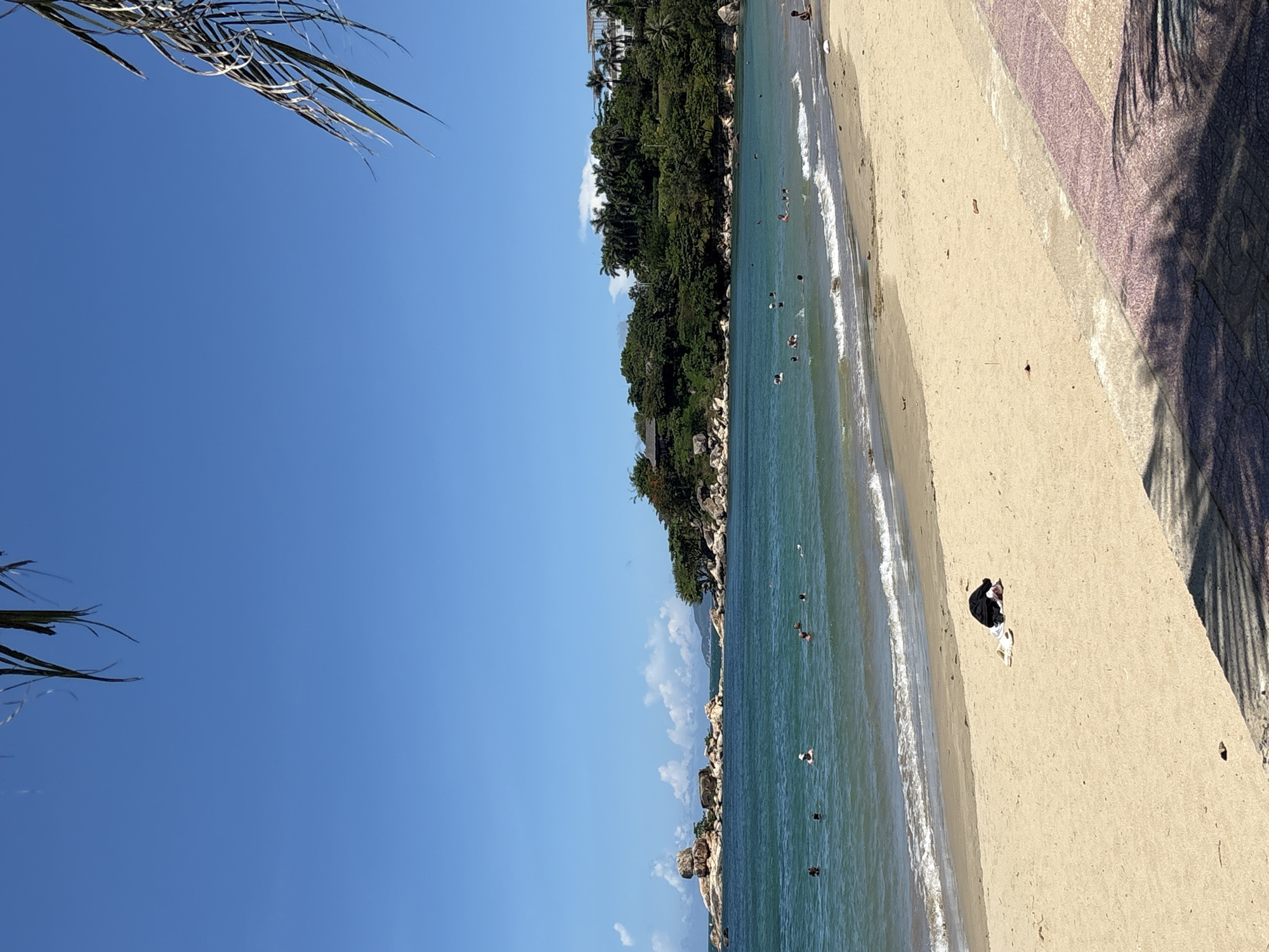 The image captures a view of a beach in Bac Nha Trang Ward, Vietnam. The turquoise sea is dotted with people swimming and wading. The sandy beach stretches from the water to a paved walkway along the edge. The walkway is partially shaded by trees. Lush greenery covers the rocky headland, with the clear blue sky visible above. In the upper left corner, the leaves of a palm tree are visible, adding to the tropical atmosphere. A person is standing on the sand near the walkway.