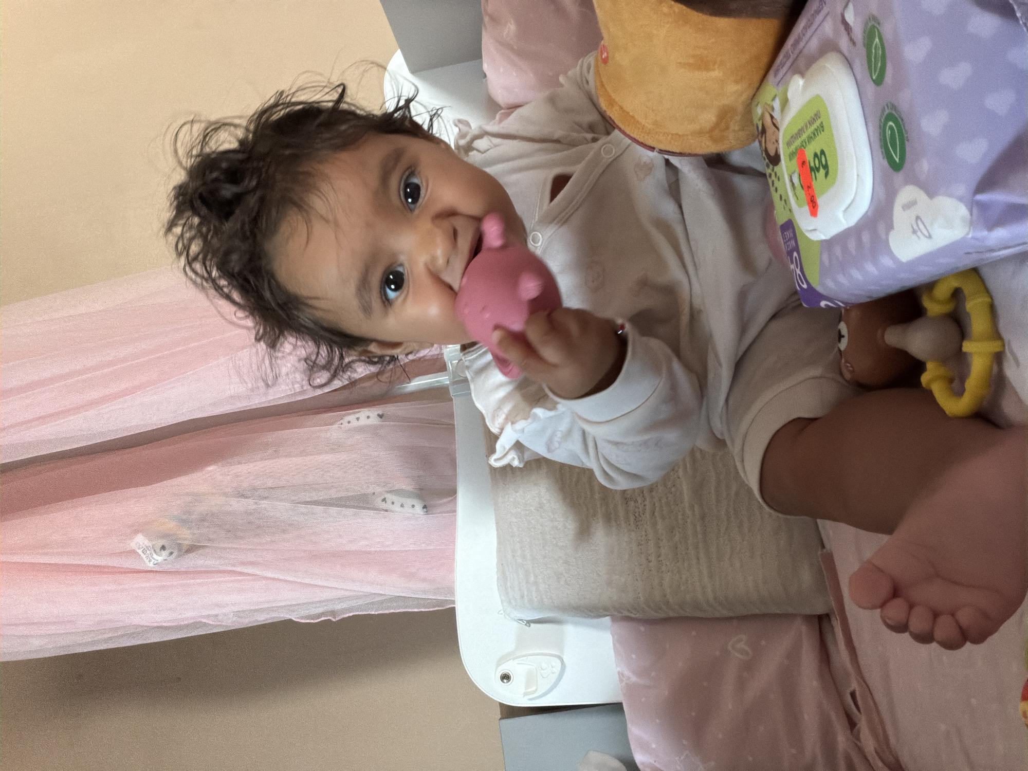 A young child with dark curly hair is sitting in a crib with a pink veil behind them. The child is wearing a white onesie and has a pink teething toy in their mouth. The crib has white bars, and there are several pillows and a box of baby wipes inside. The overall scene suggests a nursery setting. This image was taken in Razhevo Konare, Bulgaria.