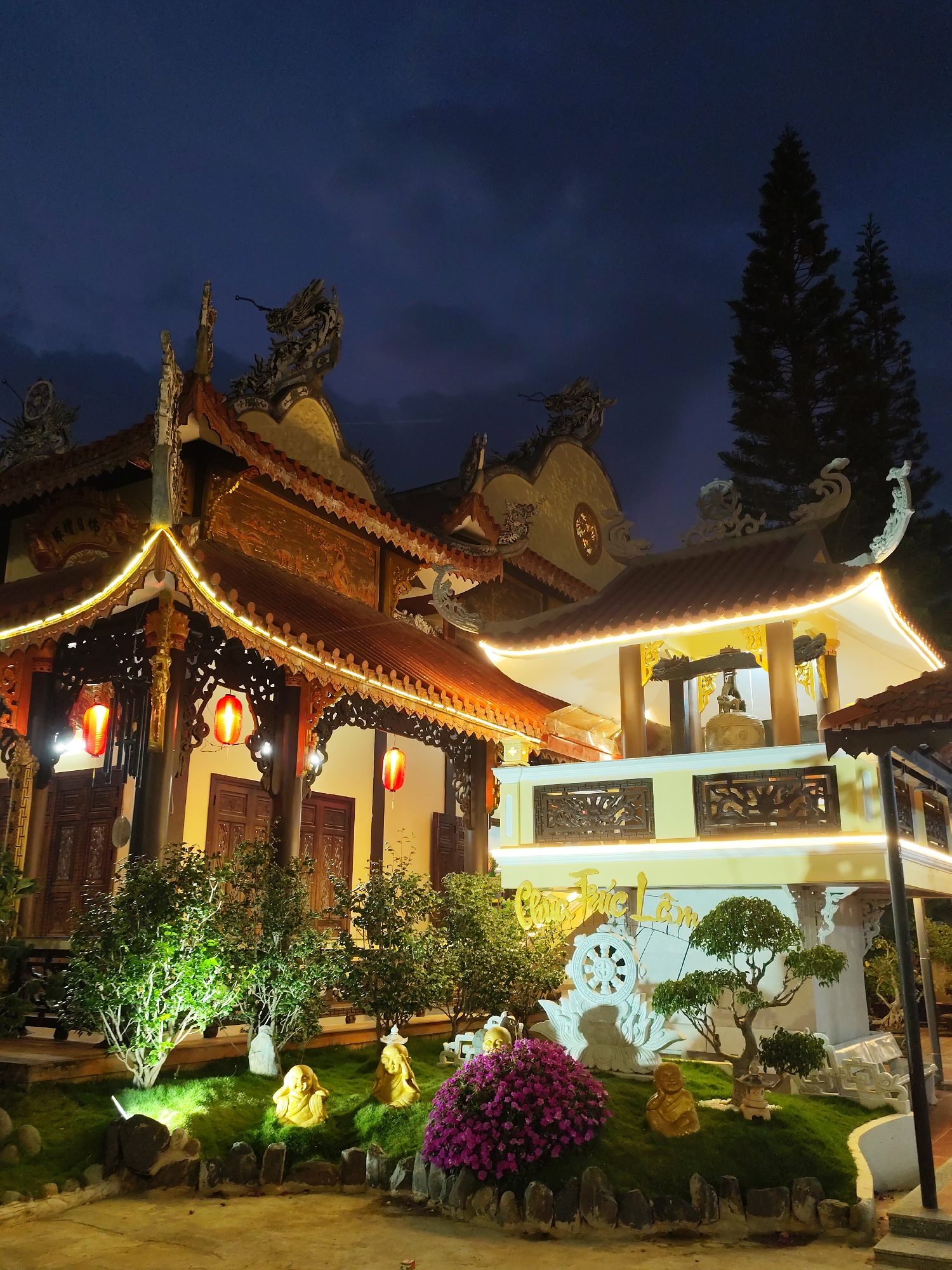 Captured at night, the photograph showcases a Buddhist temple in Lâm Viên - Đà Lạt, Vietnam. The temple is adorned with traditional Vietnamese architectural elements, including tiered roofs, ornate carvings, and red lanterns. Illumination is provided by strings of lights outlining the rooflines and highlighting the temple's details. In the foreground, a meticulously landscaped garden features a variety of plants, flowers, and small Buddha statues. The scene is set against a backdrop of a dark night sky with hints of clouds. Tall trees stand to the right of the temple.