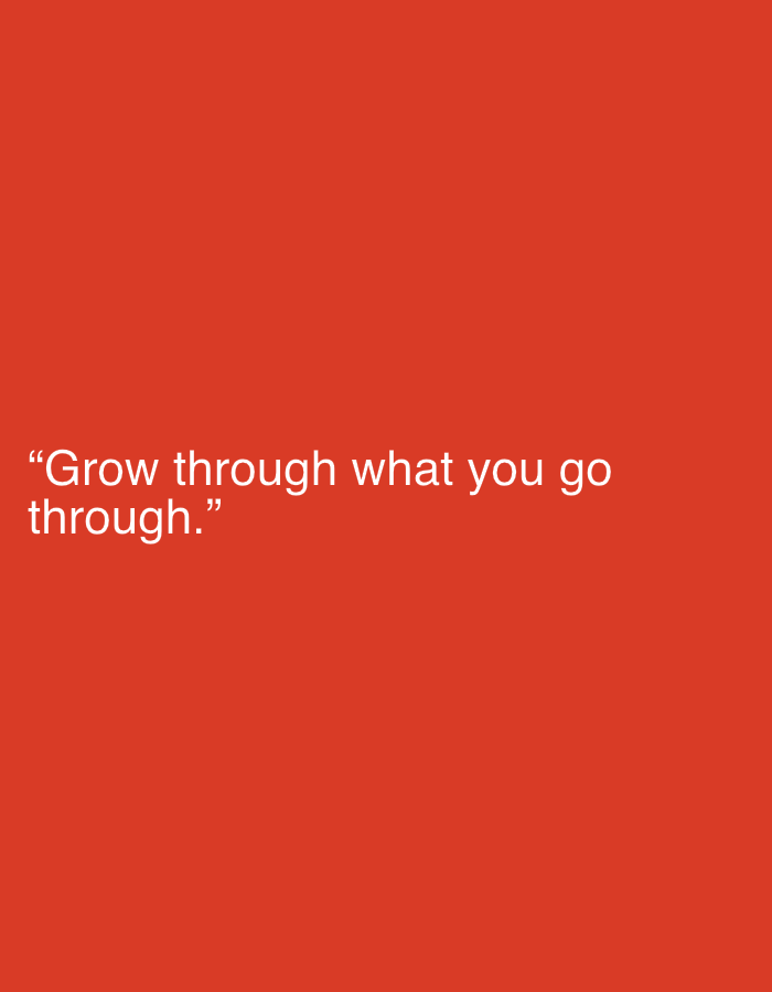 This image features a minimalist design with white text set against a solid reddish-orange background. There are no people, objects, or specific scenes depicted, nor is any activity taking place. The background color is a warm, vibrant hue, similar to a burnt orange or terracotta red.
The prominent feature is the white text, centered horizontally but placed towards the lower left portion of the image. The text is enclosed in double quotation marks and reads: "Grow through what you go through." The font appears to be a clean, sans-serif typeface.
No specific time of day, weather, or location cues are visible within the image itself. The provided context indicates the media is associated with Sofiivska Borshchahivka, Ukraine, but this information is external to the visual content. The message conveyed by the text is one of resilience and personal development through challenges.
