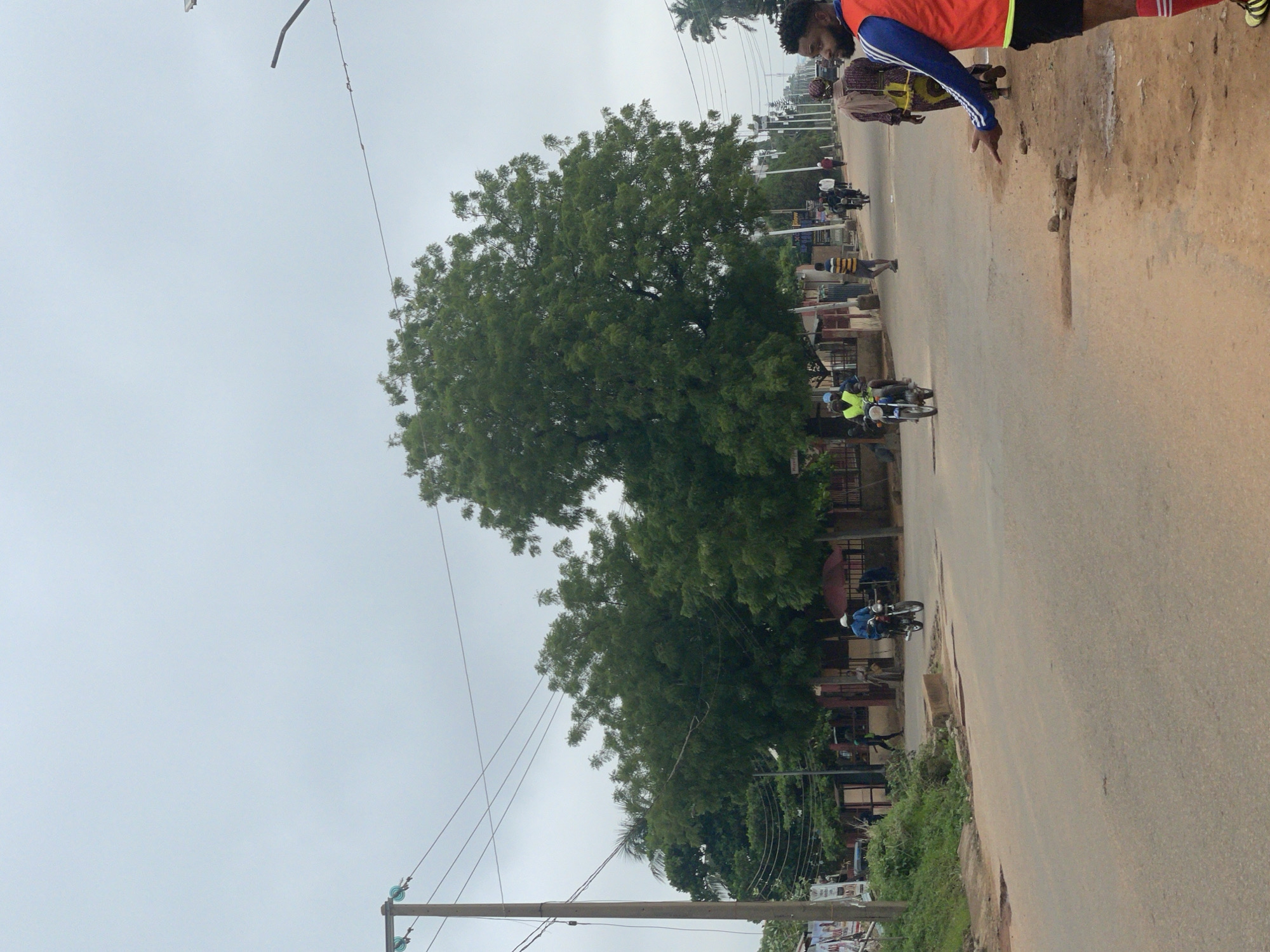 This image depicts a street scene in Narayi, Nigeria, on an overcast day. The scene is dominated by a two-lane asphalt road, which shows signs of wear including potholes and uneven edges, particularly on the dirt shoulder to the right.
In the immediate foreground on the right, a bearded man wearing a bright orange and blue long-sleeved athletic shirt, black shorts, and red striped socks gestures with his right hand while looking towards the center-left of the frame. To his left, the road surface is cracked and uneven, with debris.
Further down the road on the right, two individuals walk away from the camera. The foreground figure wears a patterned light brown or tan garment.
On the road, in the midground, a man on a motorcycle, wearing a blue helmet and a blue jacket, rides towards the camera. Behind him and further down the road on the left, another man on a motorcycle wears a fluorescent yellow-green reflective vest, also moving towards the camera.
The left side of the road features a tall utility pole with multiple power lines extending across the upper portion of the frame. An earthen embankment covered in green shrubs and some refuse sits beside the pole. Behind this, large, dense green trees line the street, partially obscuring single-story buildings with reddish-brown facades. Some visible posters or advertisements are affixed near the utility pole. A red umbrella is visible among the structures further down the street on the left.
The right side of the road is also lined with trees and utility poles, including a broken street lamp arm extending into the upper right corner. The sky is uniformly light gray and overcast, providing diffused lighting to the entire scene.
