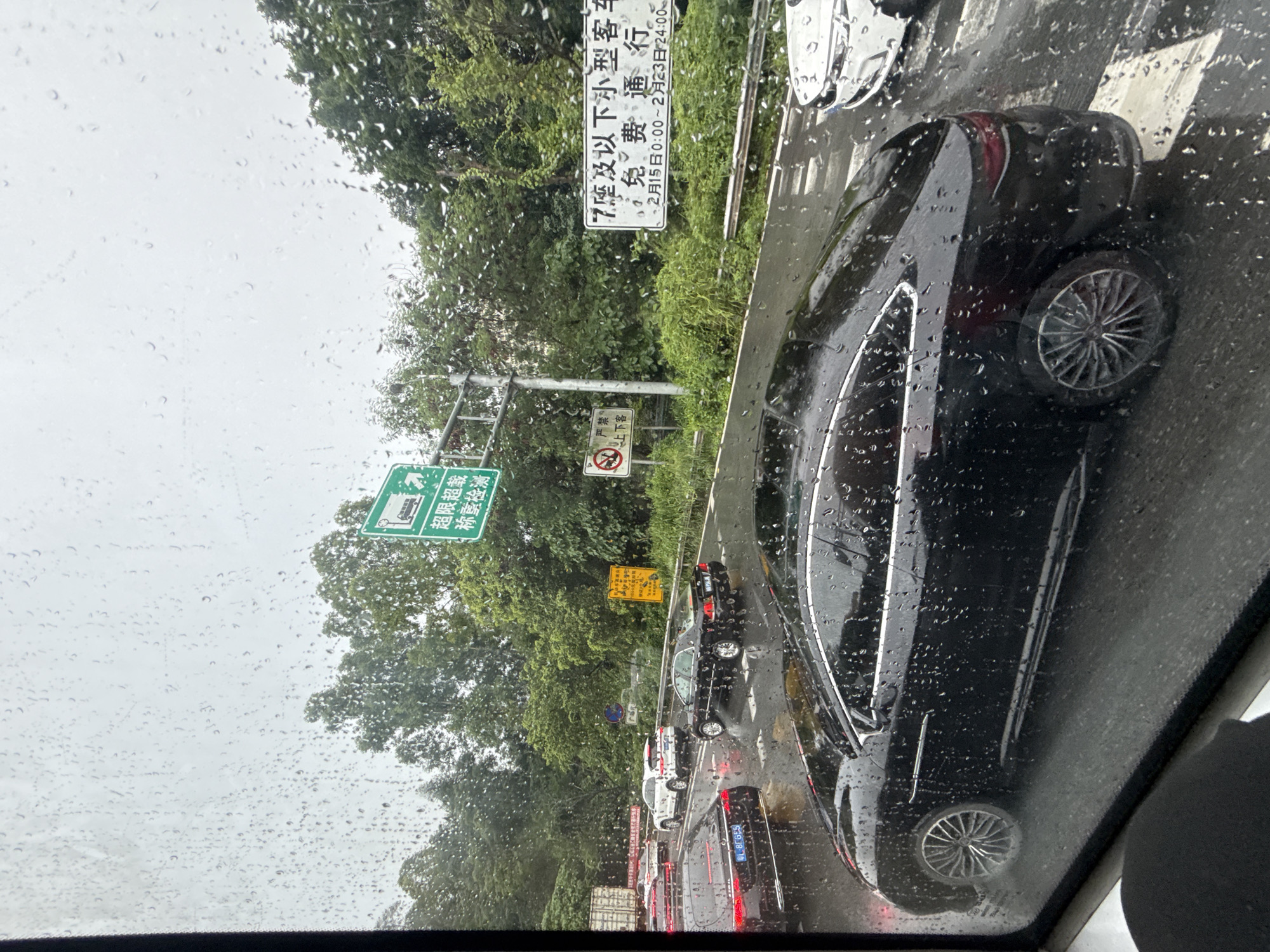 The image depicts a traffic scene on a rainy day in Longgang District, China, likely on a highway or major road. Water droplets are visible on the window through which the photo is taken, indicating it is raining heavily. Several cars are on the wet road, some of which appear to be stationary in traffic. The foreground features the rear of a black luxury sedan, and to its left, the rear of another black sedan with a license plate starting with "BL". Further ahead, a white SUV is visible. Traffic signs are present, including a green sign with Chinese characters indicating a weight station or inspection. Another sign, rectangular and white with black Chinese characters, appears to be a toll exemption notice for small passenger vehicles with 7 seats or less, specifying dates and times. The road is flanked by lush green trees and vegetation, typical of a subtropical climate. The sky is overcast, contributing to the dim lighting of the scene.