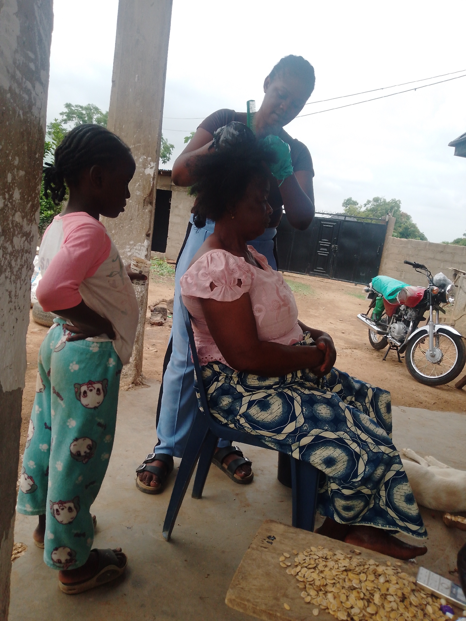 An outdoor scene depicts three individuals engaged in daily activities. In the foreground, a young girl with braided hair, wearing a pink and white long-sleeved shirt and light blue pants with cartoon patterns, stands with her hands on her hips, observing. To her right, a woman sits on a blue plastic chair, wearing a light pink top and a blue and white patterned skirt. Another person, wearing a dark top and blue pants, stands behind the seated woman, appearing to be styling or treating her hair, holding a green comb and wearing a green glove on one hand.
The setting appears to be a semi-urban or rural area, with unpaved ground and concrete structures. Two large concrete pillars frame the left side of the image. In the background, a black metal gate is visible, beyond which trees and other structures can be seen under an overcast sky, suggesting a cloudy day. To the right of the seated woman, a red and silver motorcycle covered with a green tarp is parked on the dirt ground. A white dog is partially visible lying on the ground near the motorcycle.
In the lower right corner, a wooden board holds a pile of light-colored, oval seeds, possibly being prepared or dried. On the skirt of the seated woman, a small line of text is visible, reading "REAL WAX BLOCK PRINTED". The overall atmosphere is casual and domestic, capturing a moment of personal care and observation in an everyday environment. No strong emotions are discernible from the individuals' expressions, which are mostly obscured or neutral.