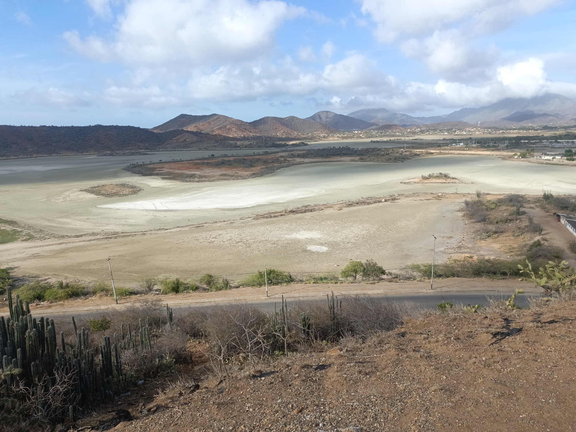The image depicts a dry lagoon area near Juan Griego, Venezuela, during daylight hours. The foreground features a rocky, dirt-covered slope with cacti and scrub vegetation. A two-lane asphalt road runs horizontally across the middle ground. Beyond the road, a large, mostly dried-up lagoon stretches towards the horizon, with areas of lighter-colored sediment and some remaining shallow water. Scattered low-lying vegetation and small islands dot the lagoon. In the background, rolling hills and mountains are visible under a partly cloudy sky. Some structures and buildings can be seen near the base of the mountains on the right side of the frame.