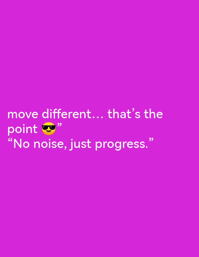 The image is a digital graphic with white text overlaid on a vibrant purple background. The text reads: "move different... that's the point πβ "No noise, just progress." The graphic contains no discernible elements related to Ikorodu, Nigeria, or any specific location.