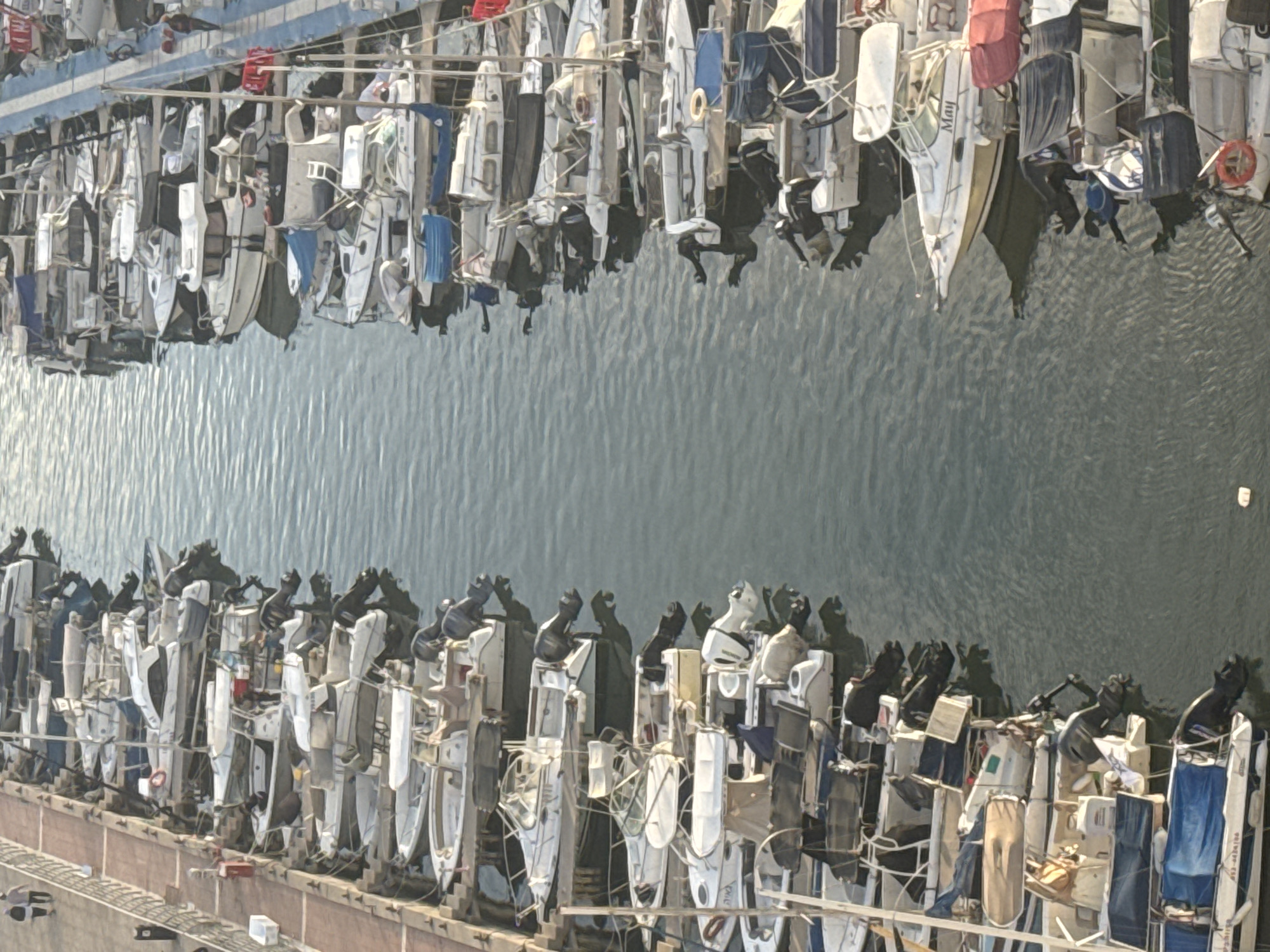This media file captures an overhead view of a marina, featuring numerous boats docked along two parallel piers or dry storage areas, separated by a channel of water. The perspective is from an elevated position, looking down into the harbor.
On both the left and right sides of the image (as if rotated clockwise for natural viewing), rows of small to medium-sized boats are closely moored or stored. These boats are predominantly white and light-colored, with some featuring blue, red, or dark covers and hulls. Many appear to be dinghies, small sailing vessels, or recreational motorboats. Details like masts, rigging, outboard engines, fenders, and ropes are visible on various vessels. A red and white lifebuoy is noticeable near a boat on the top right side of the main image. On one white boat with a yellow stripe, the name "May" is clearly visible on its hull.
The central part of the image is dominated by the body of water, which appears calm with subtle ripples reflecting the bright daylight. The water's surface exhibits a textured, slightly painterly quality. The structures holding the boats, likely concrete docks or piers, are visible on the far sides of the image, running parallel to the water channel.
The scene depicts a typical marina setting during daytime under clear weather conditions, with the boats seemingly at rest rather than in active use. The overall image has a stylized or processed aesthetic, giving it a somewhat artistic or rendered appearance.