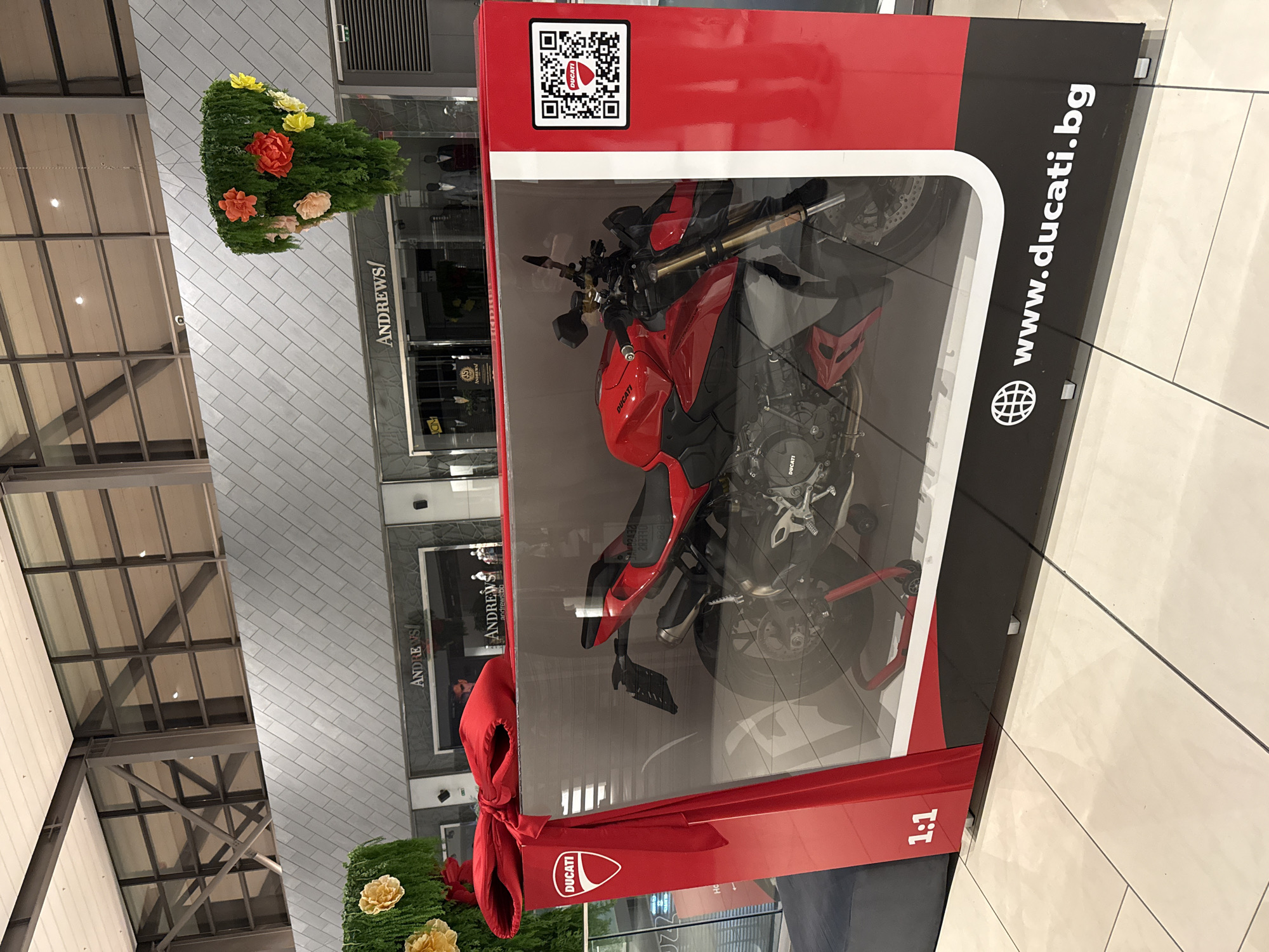 The image captures a Ducati motorcycle displayed in a glass case within a modern shopping mall environment. The bike is red and black, positioned inside a large, red-trimmed, box-like structure with a black backdrop. The box features the Ducati logo and a QR code at the top, as well as the website "www.ducati.bg" alongside a globe icon. A large red bow is tied around the base of the box.
The backdrop of the scene includes storefronts with signage reading "ANDREWS/" and a tiled floor with a modern ceiling structure. A decorative floral arrangement hangs nearby.
While the image does not definitively confirm the location is Sofia, Bulgaria, the presence of the ".bg" domain for the Ducati website indicates a Bulgarian connection. Without additional cues, it's difficult to assert its location as Sofia with certainty. There are no identifiable people, actions, or interactions visible in the scene. The focus is on the displayed motorcycle.