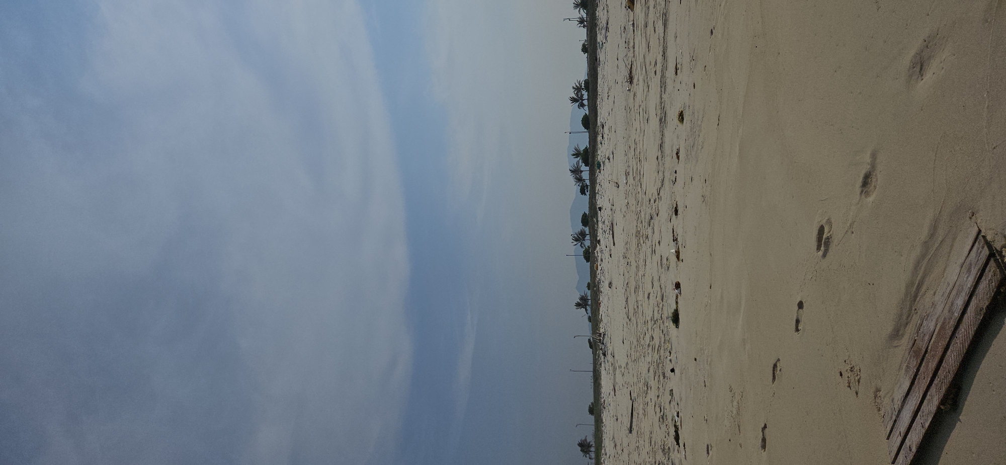 The image displays a wide, panoramic view of a sandy beach under an overcast sky, observed as if the original vertically-oriented image were rotated clockwise to a horizontal orientation. The upper half of the frame is dominated by a hazy, light blue-grey sky with subtle cloud patterns, suggesting diffused light.
The lower half of the image features a wide expanse of light beige sand, stretching from the foreground into the distance. Numerous footprints are visible pressed into the sand, indicating recent human activity, though no people are present in the frame. Towards the far right foreground, a weathered wooden plank or pallet is partially buried in the sand. Small pieces of debris are scattered across the beach.
Along the horizon line, where the sand meets the distant landscape, a row of slender palm trees extends. Interspersed among the trees are what appear to be utility poles or streetlights. Behind this line of vegetation, faint, hazy mountains are visible, their outlines softened by distance and atmospheric conditions.
The setting is a tranquil, perhaps somewhat desolate, coastal area during daytime, characterized by soft, muted lighting due to the overcast sky. There are no specific events taking place, and no visible text. The location context provided indicates this scene is in Bac Cam Ranh Ward, Vietnam.