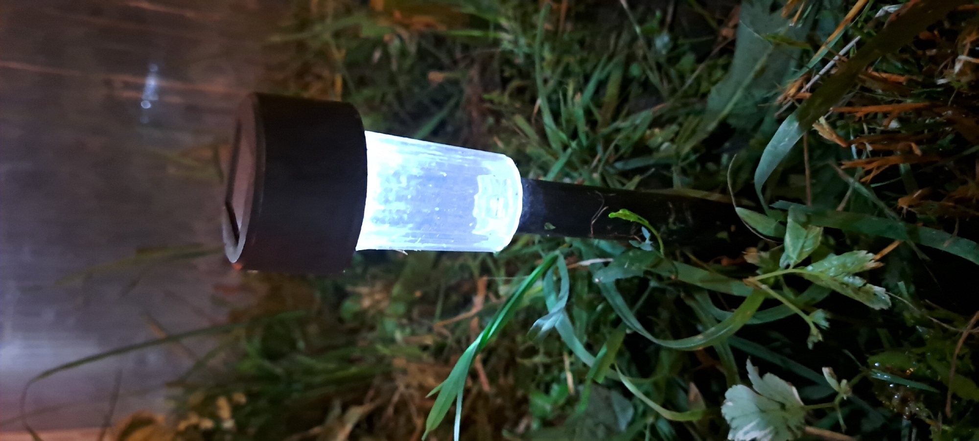 The image shows a close-up of a lit solar garden light in the grass at night. The light has a dark top and a translucent, white cylindrical base that emits a bright, cool light. The stake holding the light is dark and slender, partially obscured by grass and foliage. The surrounding environment consists of green and brown blades of grass, some with dew or moisture, and a dark, reflective surface in the background, possibly a wall or fence. There are no people or animals visible. The scene is set in a natural or garden setting, illuminated by the artificial light of the solar lamp. The location is specified as Azhmushkino, Russia.