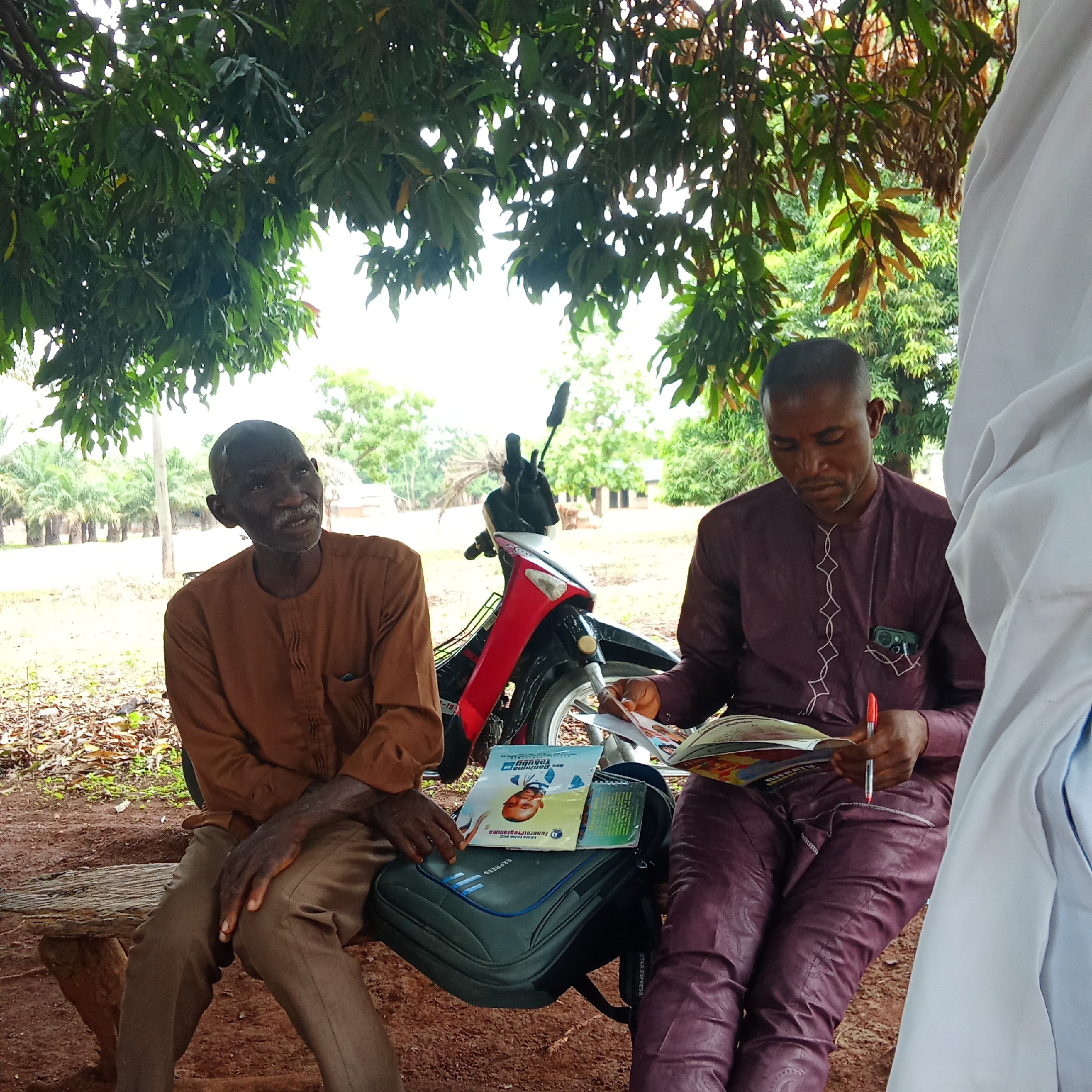 This outdoor shot features two men under the shade of a large tree with dense green foliage, with natural daylight filtering through the leaves.
On the left, an older man with dark skin, short grey hair, and a thin grey mustache wears a brown traditional tunic and matching trousers. He sits on a rustic wooden bench, looking slightly to his right with a calm expression. To his right, a younger man with dark skin and short dark hair is dressed in a purple/maroon traditional outfit with distinctive white embroidery on the top and matching trousers. He is engrossed in an open book or magazine, holding a red pen, seemingly reading or taking notes. The partial view of a third person in a white garment is visible on the far right, suggesting a group gathering.
Between the two men, resting on the wooden bench, is a grey and blue laptop bag or backpack. On top of the bag are a few items, including a white leaflet that clearly shows a portrait of a man and the text "ABDULLAHI YAKUBU" and "JUNIOR PROGRAMME." A small notebook is also visible. Behind the men, a red and black motorcycle is parked. The ground beneath them is dirt, sparsely covered with leaves and some greenery. In the background, rows of palm trees line the horizon, hinting at a rural setting, consistent with Andaha, Nigeria. The younger man's book has the word "SHERIFF" visible on its cover. The scene depicts a quiet, focused interaction or study session outdoors.