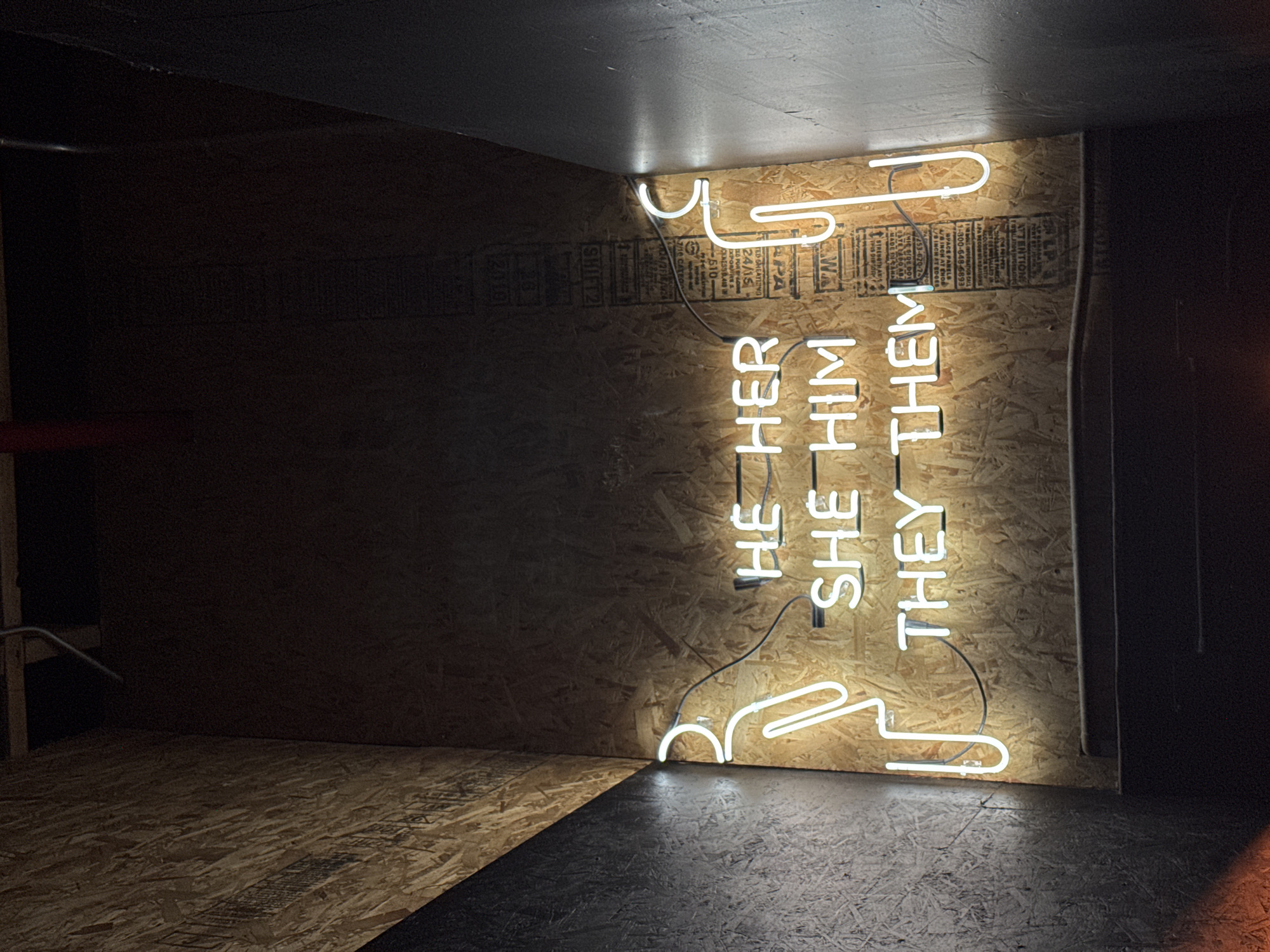 The image depicts a corner of a room, likely indoors, with plywood walls and a black ceiling. A neon sign on the back wall displays the pronouns "HE HER," "SHE HIM," and "THEY THEM" vertically arranged. The sign is illuminated, casting light onto the adjacent floor and walls. The floor appears to be a combination of plywood and a darker material, possibly painted or covered. The environment is dimly lit.