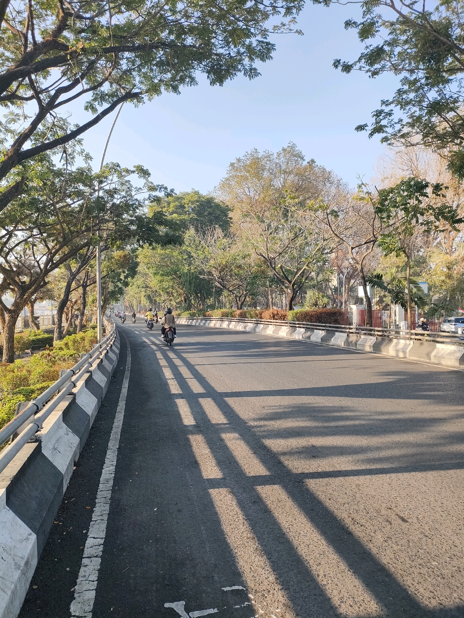 The image shows a road in Banjarmasin, Indonesia, lined with trees and a barrier on the left. Several motorcycles are visible on the road, with riders in motion. The sun is casting long shadows across the asphalt, indicating it is either morning or late afternoon. The sky is clear and blue. The trees on the left appear to be mature, with dense foliage in some areas and sparser branches in others. The barrier separating the road from the left side is constructed with alternating black and white concrete sections, topped with a metal railing. In the distance, more trees and vegetation are visible, as well as some buildings and a parked car. The overall impression is of a typical urban road scene in a tropical climate.