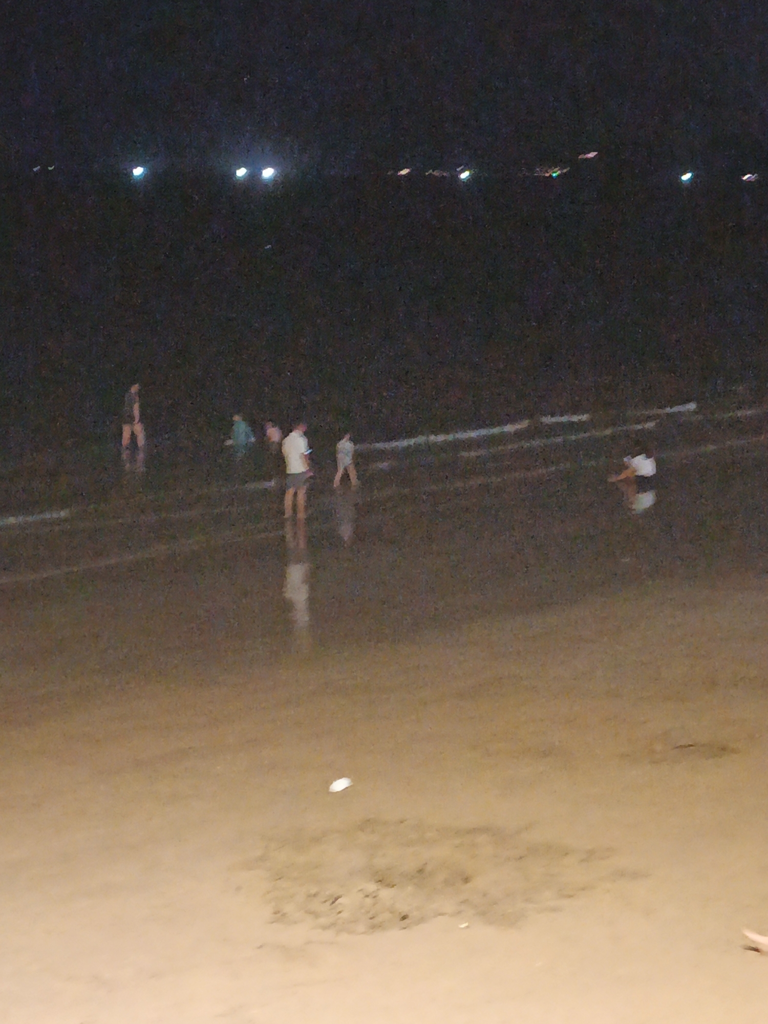 This is a nighttime photograph taken at a beach in Bac Nha Trang Ward, Vietnam. The scene is dark, illuminated by distant lights and reflections on the wet sand and shallow water. Several people are visible scattered across the beach and in the water, appearing to be enjoying the evening. One person on the left is standing in the water, another group in the middle seems to be gathered and possibly interacting, and further to the right, a couple of individuals are visible in the shallow waves. The water is calm, with gentle waves lapping the shore, creating reflections of the figures. The sand appears wet and smooth, indicating recent tides or activity. The overall impression is one of a relaxed evening gathering on a beach. The time of day is clearly night, suggested by the darkness and the artificial lights in the background, which could be from buildings, boats, or streetlights. There are no visible signs of specific weather conditions other than the presence of water on the beach. The location is identified as Bac Nha Trang Ward, Vietnam. No text is visible in the image.