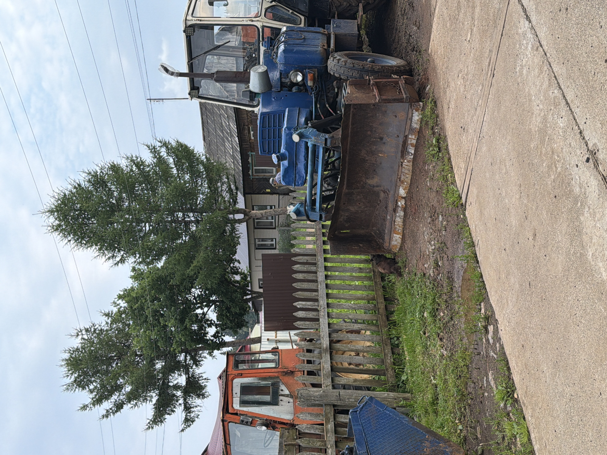 The image depicts an outdoor scene with agricultural machinery and residential buildings. In the foreground, a blue tractor with a front-mounted plow is parked on a muddy patch of ground, adjacent to a concrete path. To the left, an orange tractor is partially visible behind a weathered wooden fence. Several trees, some appearing to be coniferous, are situated in the background. Behind the tractors and fence, there are houses with dark roofs, suggesting a rural or semi-rural setting. Overhead, power lines crisscross the sky. The overall environment appears to be somewhat overgrown with grass and includes a small puddle of water. A dark-colored animal, possibly a cat, is visible near the fence. The image is taken from a ground-level perspective, looking slightly upwards towards the machinery and buildings. The sky is overcast with clouds. This scene is consistent with a location in the city of Чайковский, Russia.