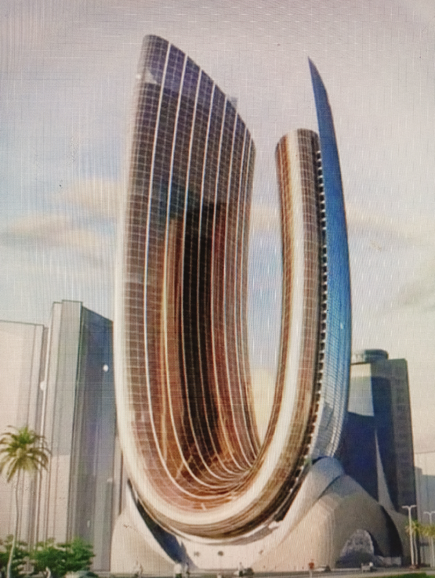 The image displays a futuristic architectural rendering of a large, U-shaped skyscraper with curved glass facades in a city. The skyscraper's design features vertical lines that follow its organic shape, creating a sense of movement. To the left of the main structure, other modern buildings are partially visible. The foreground shows some greenery and palm trees, hinting at a warm climate. The sky is bright and overcast. The image is a digital rendering and does not depict a real location in Sluck, Belarus.