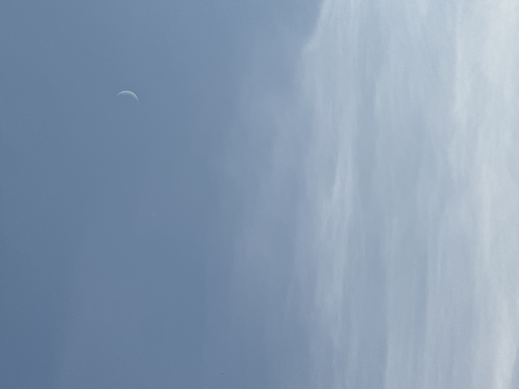 The image shows a clear blue sky with a crescent moon visible in the upper right quadrant. Wispy, light clouds are scattered across the sky, particularly in the lower half of the frame. The overall lighting suggests daytime. There are no discernable objects, people, or structures visible in the image, nor any identifiable elements that would specifically place it within the city of Chaikovsky, Russia.