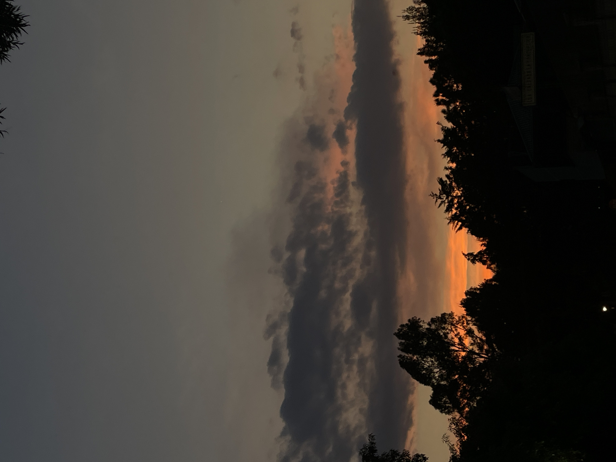 The image captures a sunset scene in San Bernardino Tlaxcalancingo, Mexico. Dark silhouettes of trees frame the right side of the image. A band of orange and peach light glows from the horizon, partially obscured by the trees. To the left of the glowing light, a dense, vertical formation of dark clouds extends upwards. The remaining sky transitions from light grey to darker grey, suggesting the receding daylight. The location is evident from the sign, partially visible behind the silhouette of a building. The overall atmosphere is calm and subdued, capturing the twilight hour.