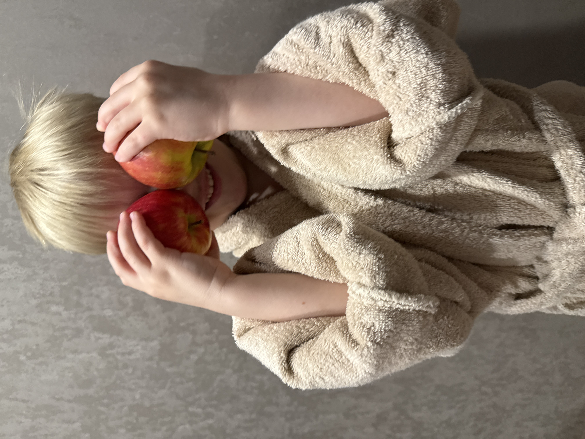 A young child with blonde hair is captured in a playful, indoor setting. The child, likely a toddler or preschooler, is wearing a light-colored, fluffy bathrobe. They are holding two apples, one in each hand, positioned over their eyes as if playing peek-a-boo. One apple is predominantly red with hints of yellow, while the other shows more yellow with red blush. A wide, joyful smile is visible on the child's face, with their mouth open in an expression of happiness or amusement. The background consists of a plain, light gray textured surface, possibly a floor or a wall. The lighting is soft and even, suggesting an indoor environment without direct harsh light. No specific time of day or weather can be determined from the image, but the overall mood is cheerful and lighthearted. There is no visible text. The location context for this scene is Chaikovsky, Russia.
