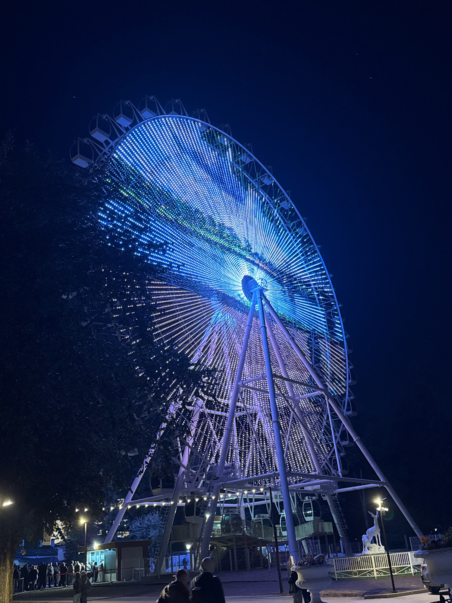 The image shows a Ferris wheel at night, illuminated with blue and purple lights. The Ferris wheel is large and dominates the scene. It is situated in what appears to be an amusement park or a public space. There are trees to the left of the Ferris wheel, with some of their branches silhouetted against the bright lights. Below the Ferris wheel, there are several structures, including what looks like a ticket booth or concession stand, and a queue of people waiting in line. There are also streetlights and other ambient lighting visible. In the foreground, the lower part of the Ferris wheel's support structure is visible, along with some decorative planters. The sky is dark, indicating it is nighttime. The Ferris wheel is the main subject, with its vibrant lights creating a striking visual effect against the dark background. It is stated that this Ferris wheel is located in the city of Tver, Russia.