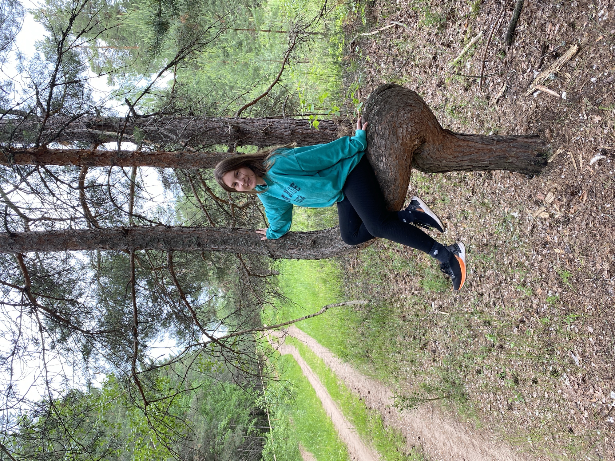 A young woman with brown hair is sitting on a thick, curved tree branch in a forest. She is wearing a teal sweatshirt and black leggings with black and orange athletic shoes. The woman is smiling and looking at the camera. The forest is dense with tall pine trees and lush green undergrowth. A dirt road with two tracks winds through the trees in the background. The sky is overcast and the lighting is soft, suggesting it may be daytime. The location is identified as Noviy, Russia.